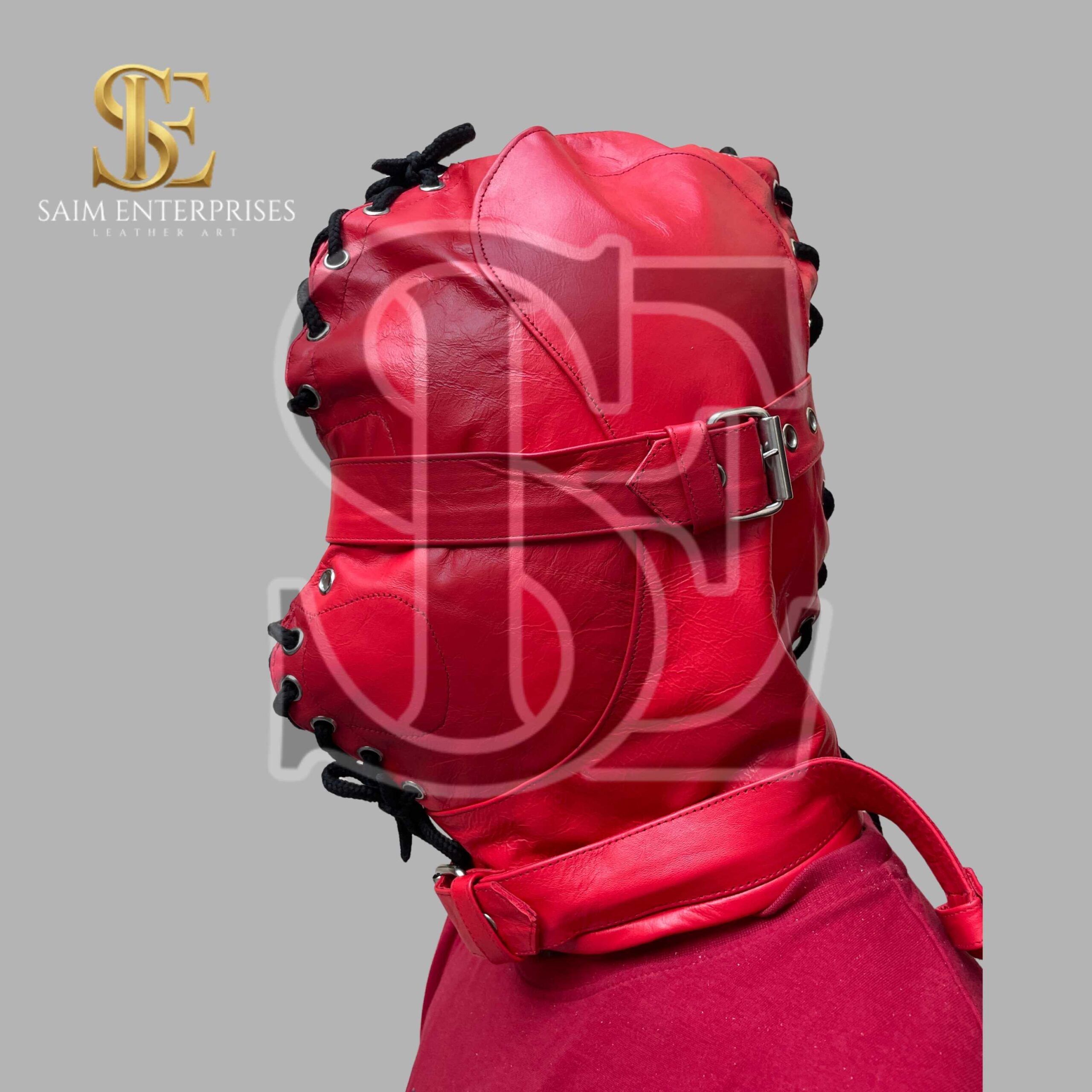 Handmade Red BDSM Leather Full Face bondage Hood - Image 8