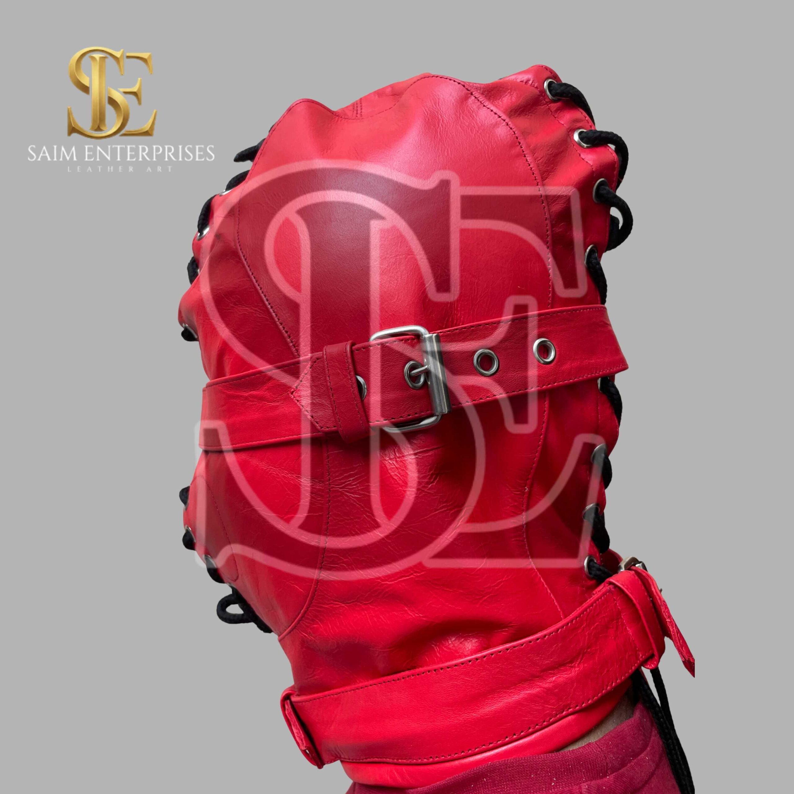 Handmade Red BDSM Leather Full Face bondage Hood - Image 9