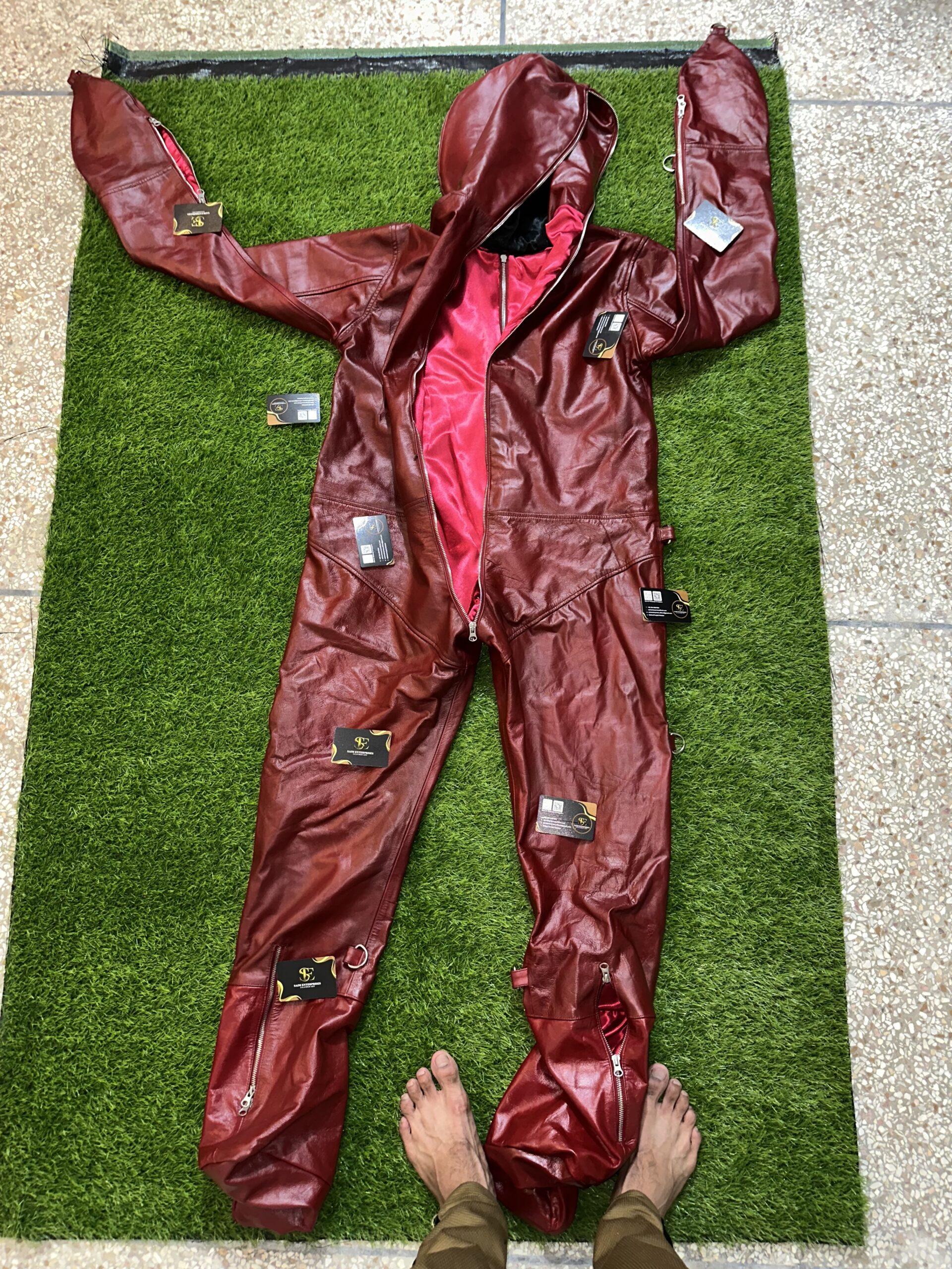 Handmade Custom Red Padded Sheepskin Leather BDSM Catsuit - Image 13
