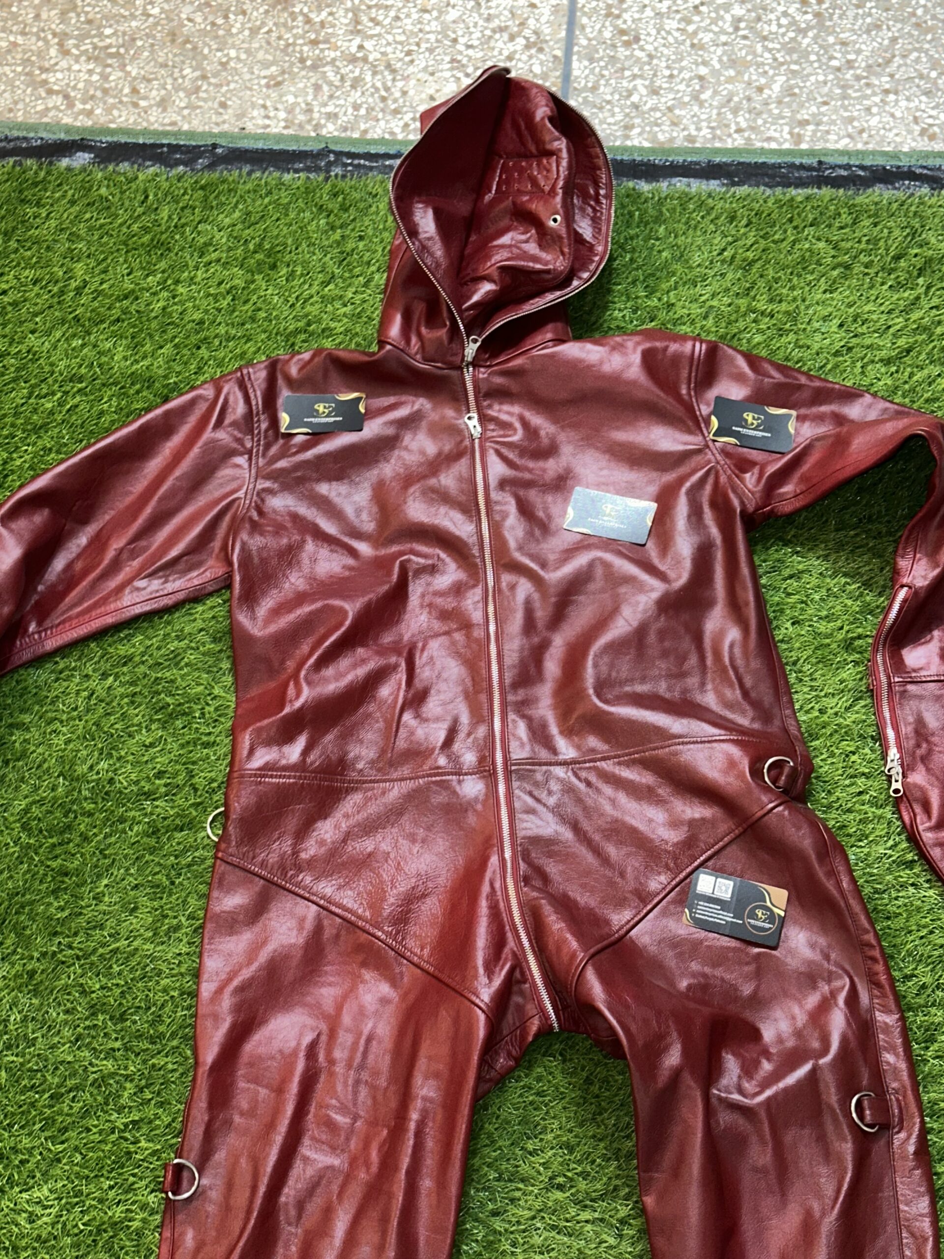 Handmade Custom Red Padded Sheepskin Leather BDSM Catsuit - Image 11