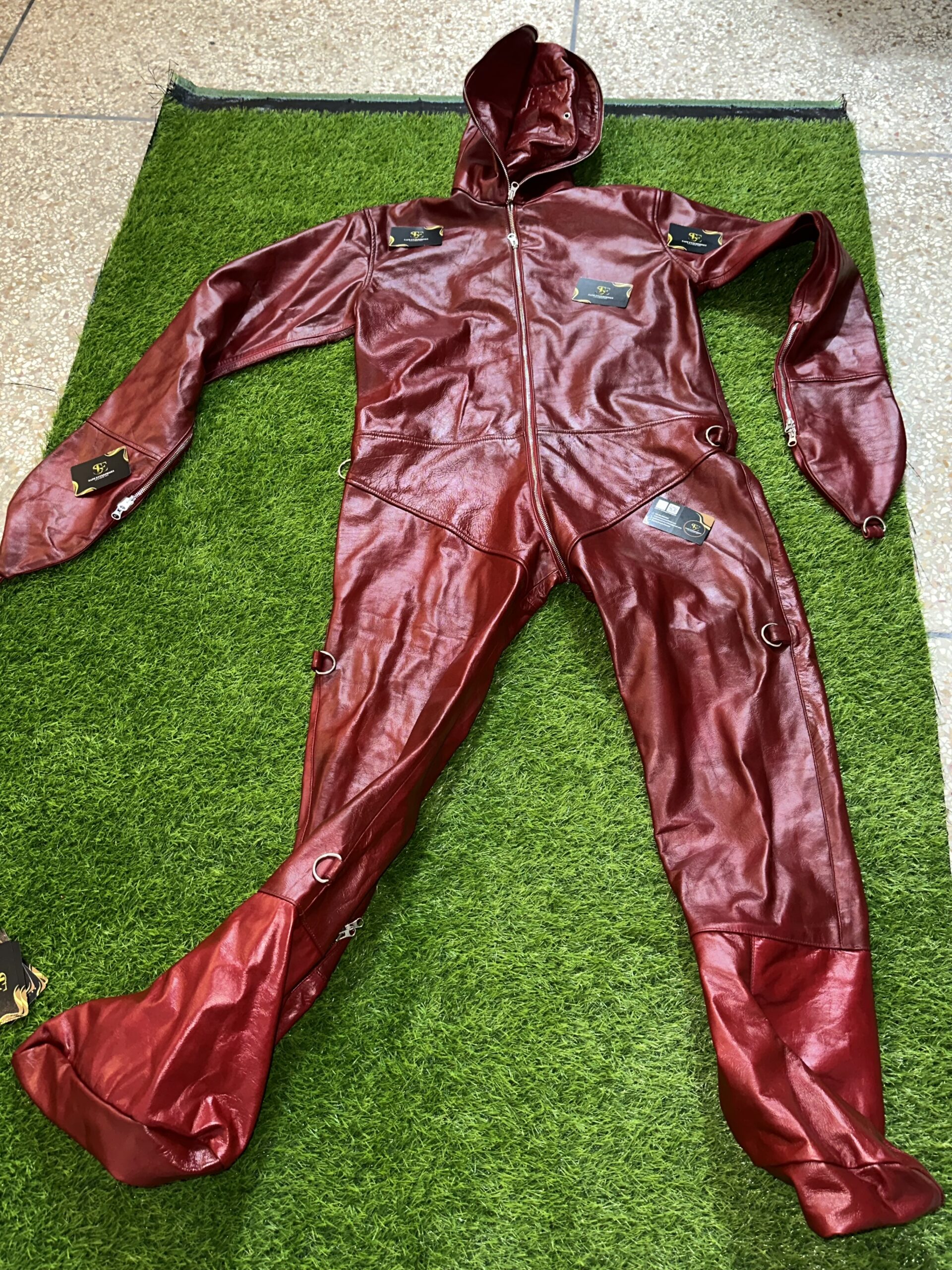 Handmade Custom Red Padded Sheepskin Leather BDSM Catsuit