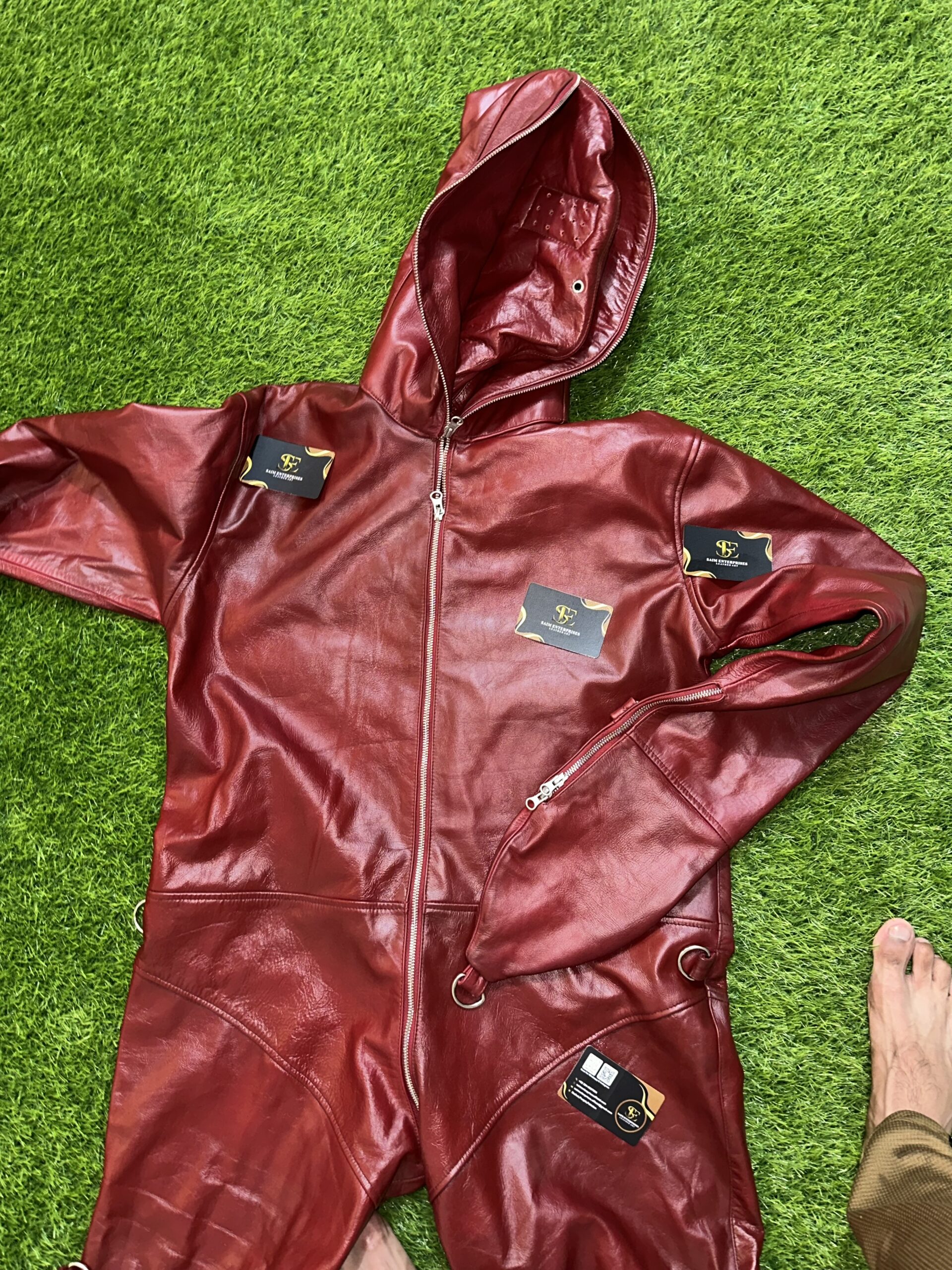 Handmade Custom Red Padded Sheepskin Leather BDSM Catsuit - Image 6