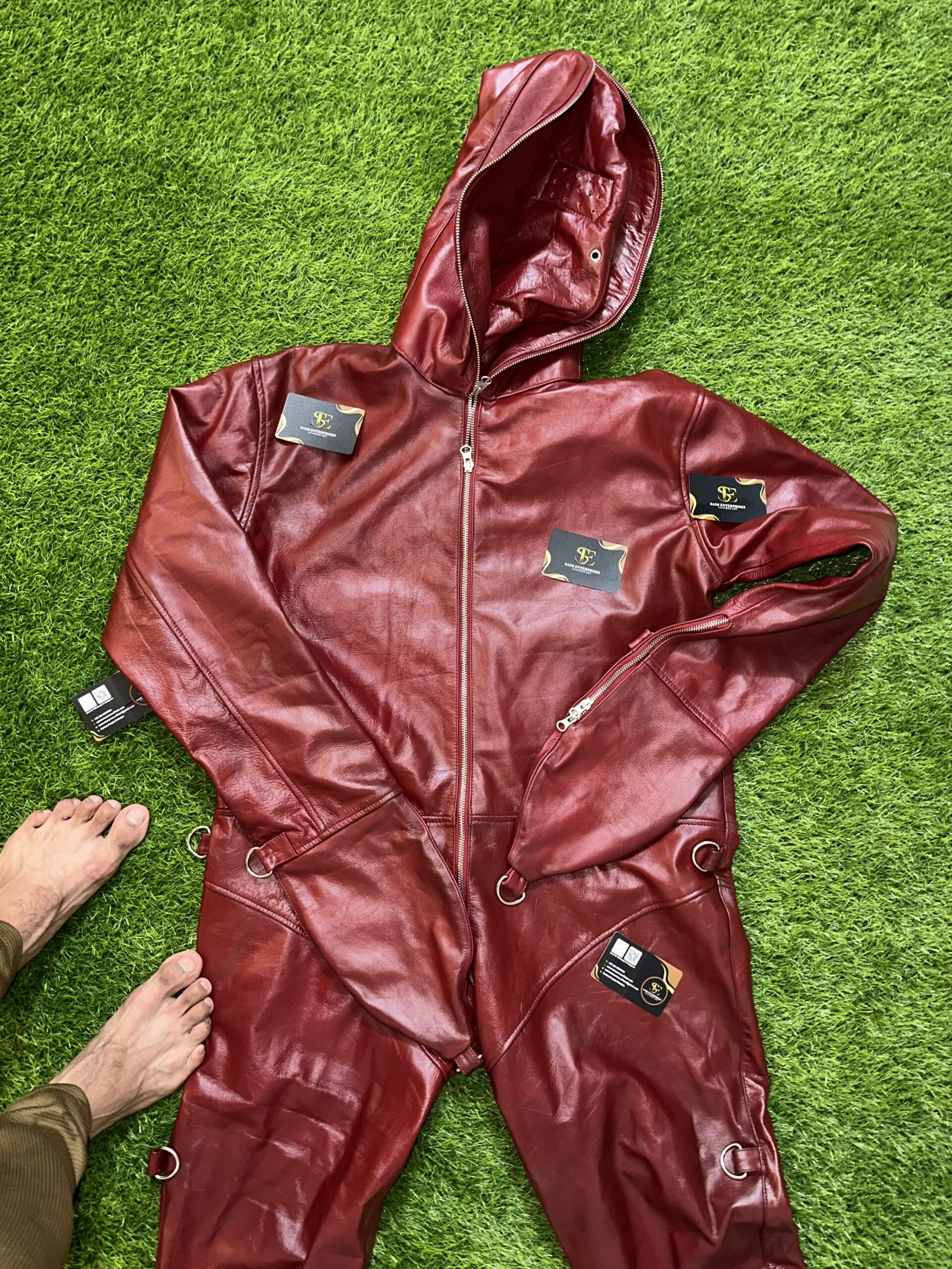 Handmade Custom Red Padded Sheepskin Leather BDSM Catsuit - Image 7
