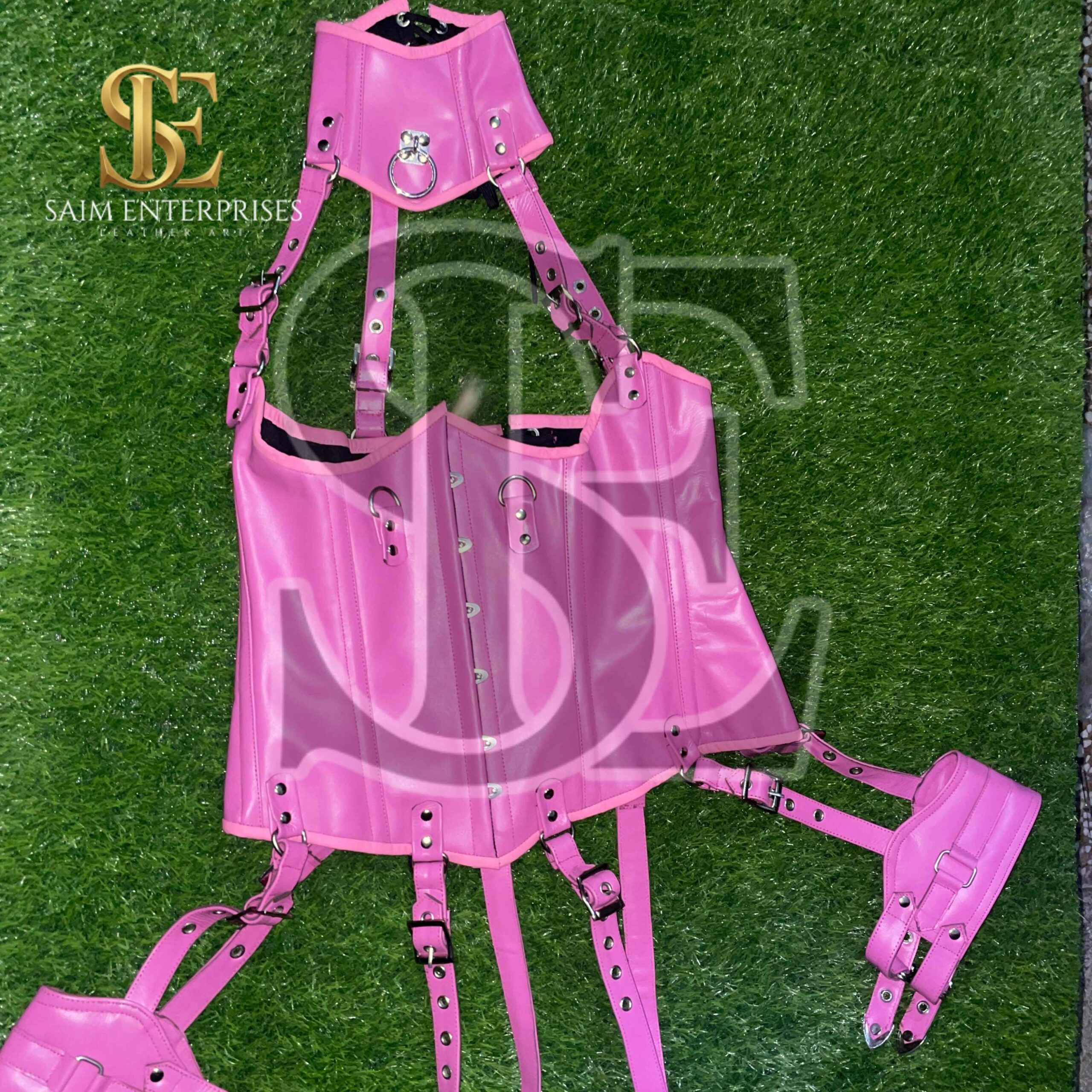 Handmade Pink Leather BDSM Corset Set with Neck Collar & Leg Garters – Custom Bondage Costume | Made to Measure