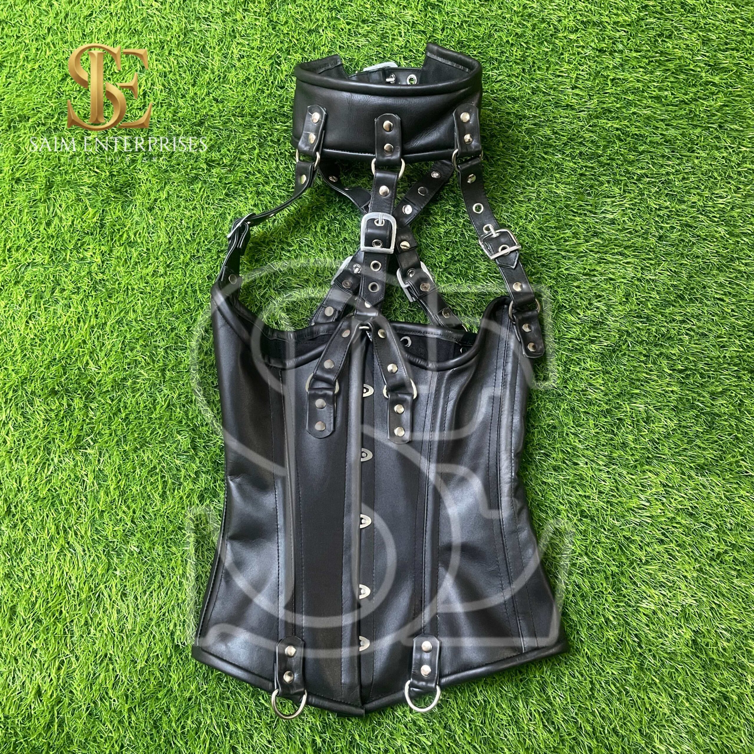 Black Genuine Leather BDSM Corset with Adjustable Neck Collar – Handmade Custom Bondage Bustier | Made to Measure