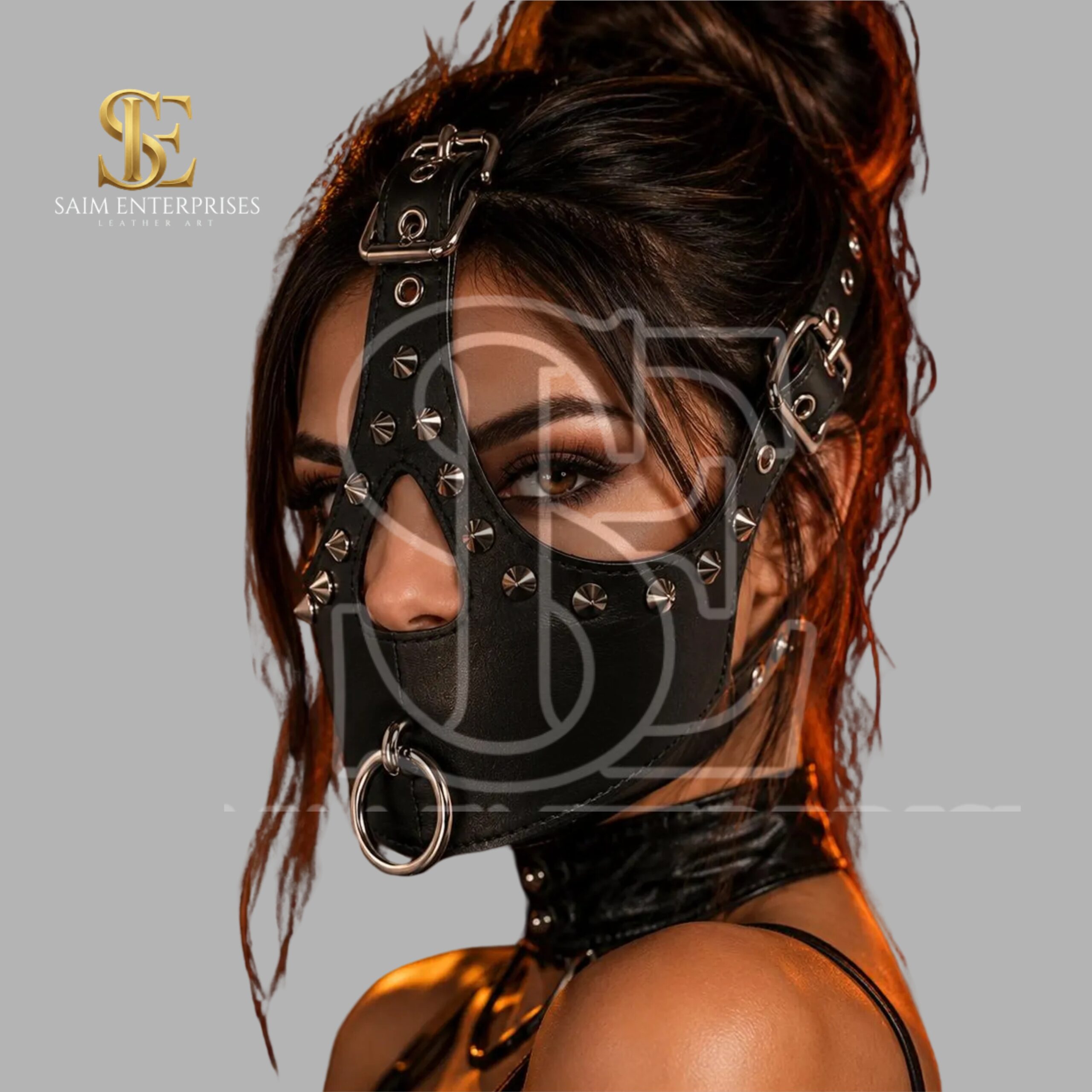 Black Leather BDSM Studded O-Ring Gag Bondage Hood