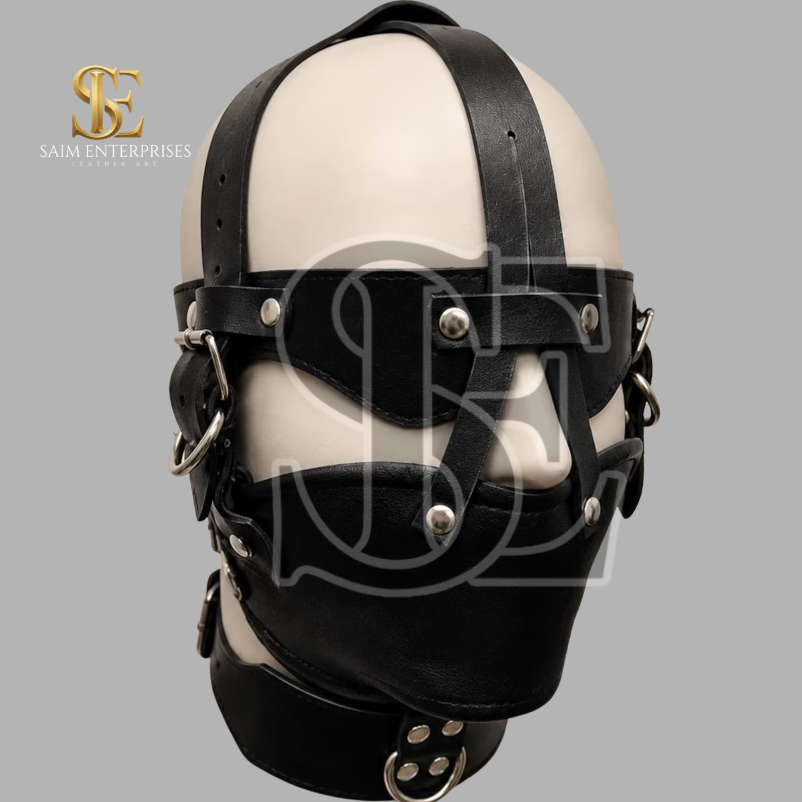 Black Leather BDSM Bondage Gladiator Hood Mask - Image 2