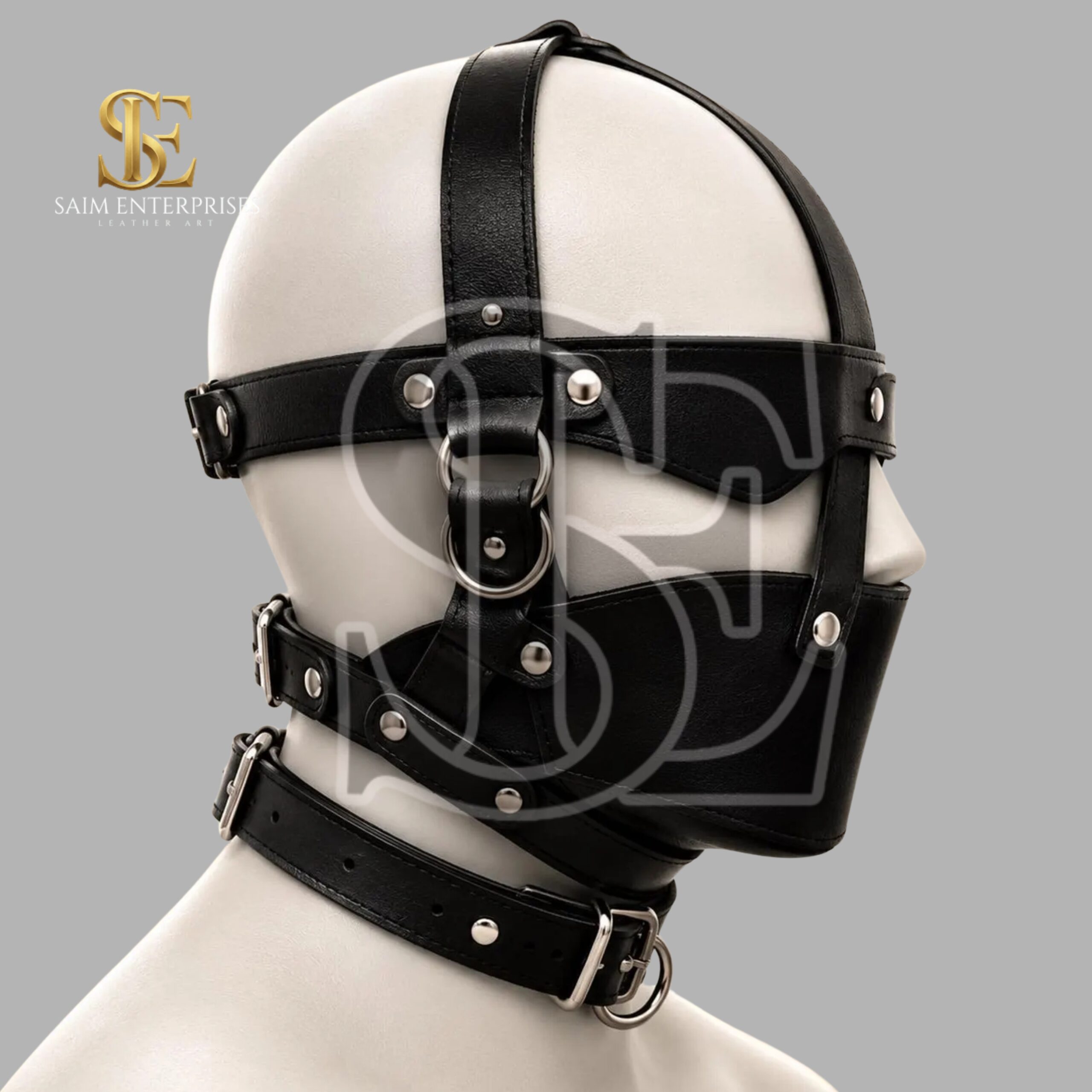 Black Leather BDSM Bondage Gladiator Hood Mask - Image 3