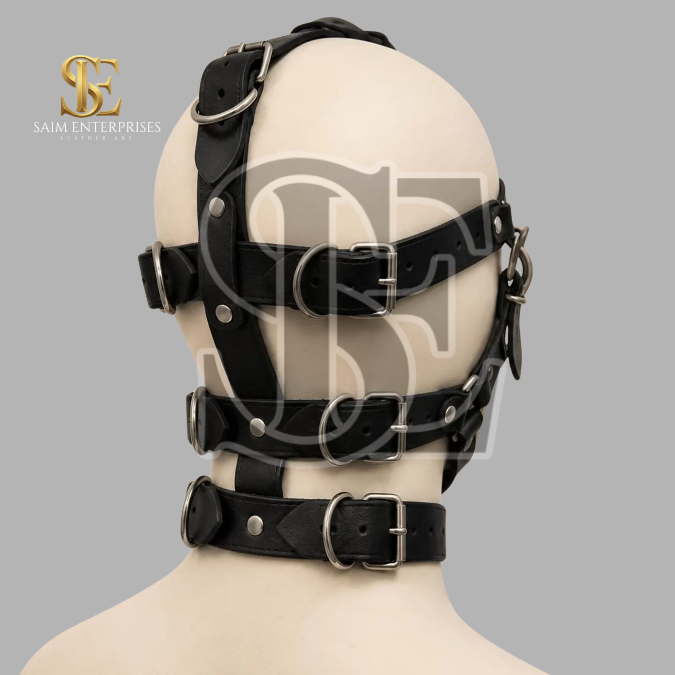 Black Leather BDSM Bondage Gladiator Hood Mask - Image 4
