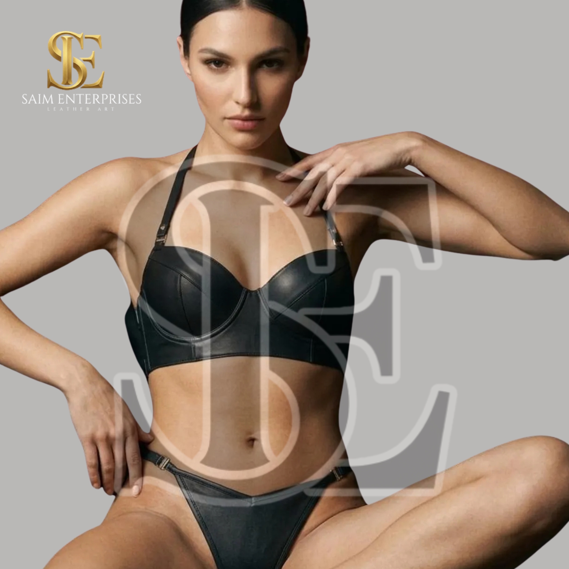 Black Leather Bondage Halter Bra & High Leg Thong - Image 3