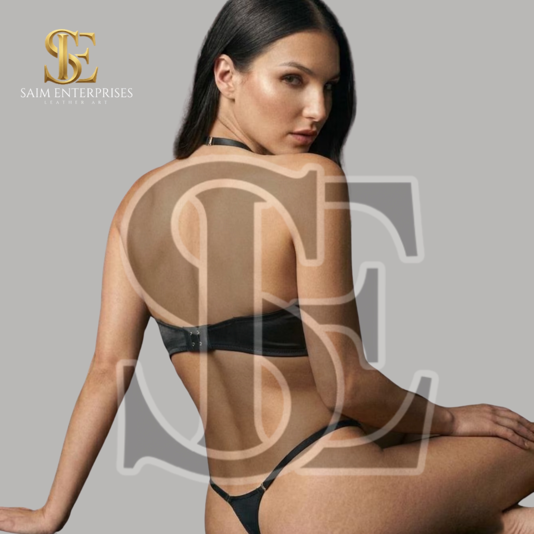 Black Leather Bondage Halter Bra & High Leg Thong - Image 5