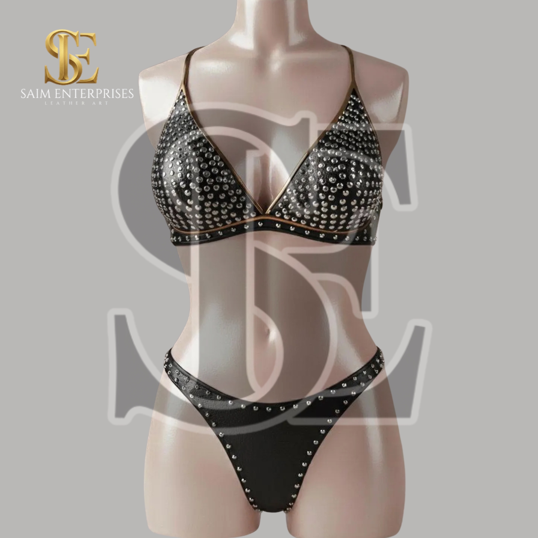 Studded BDSM Black Leather Bra & Thong Lingerie Set