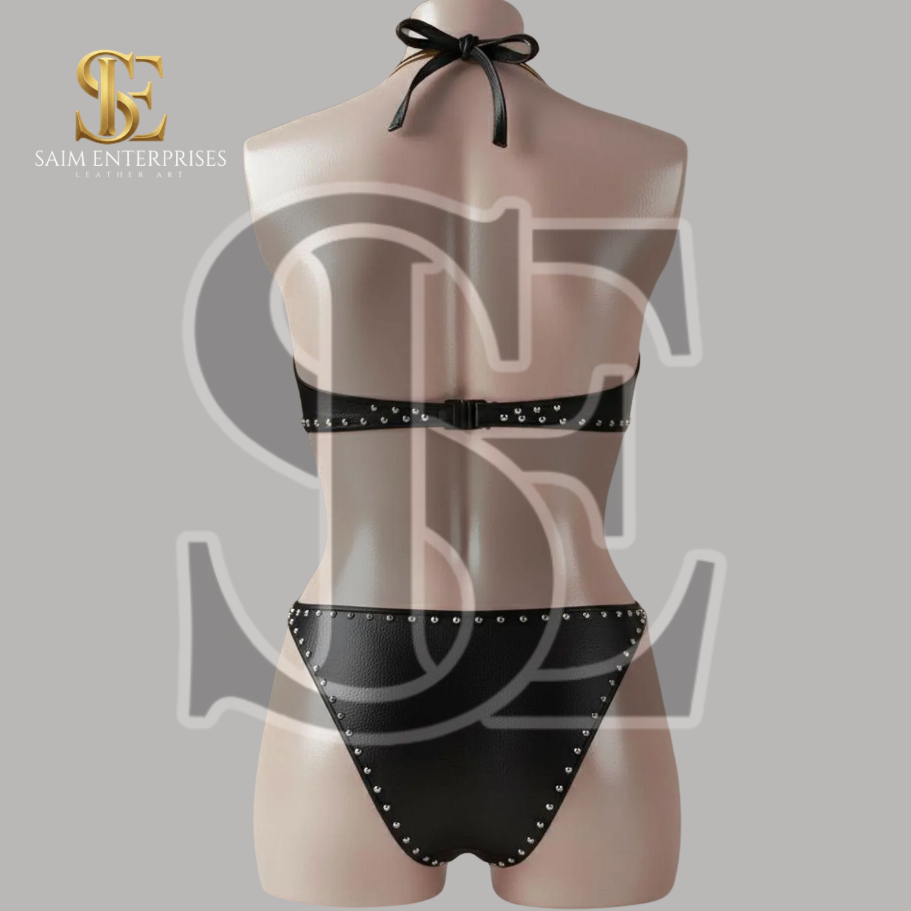 Studded BDSM Black Leather Bra & Thong Lingerie Set - Image 3