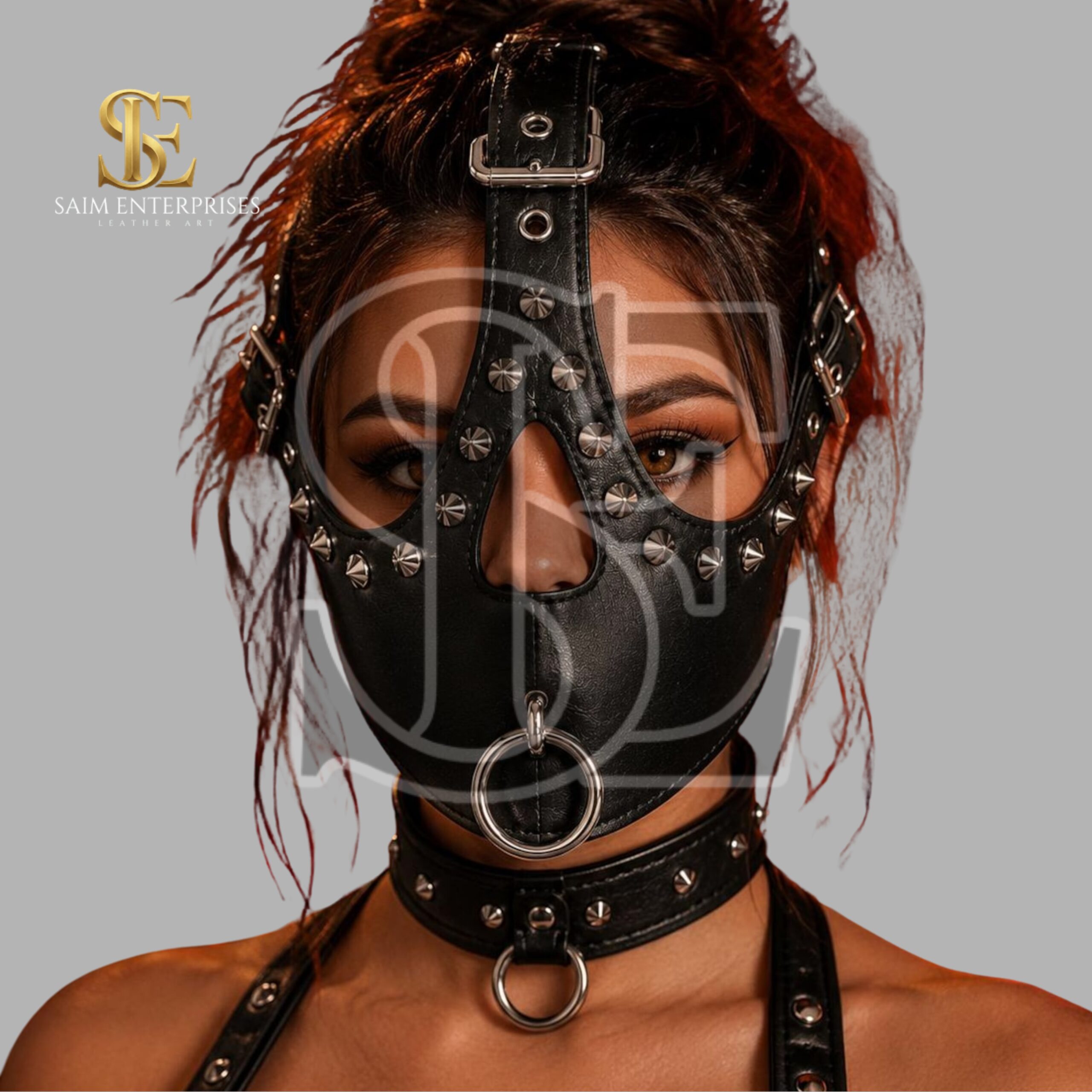 Black Leather BDSM Studded O-Ring Gag Bondage Hood - Image 2
