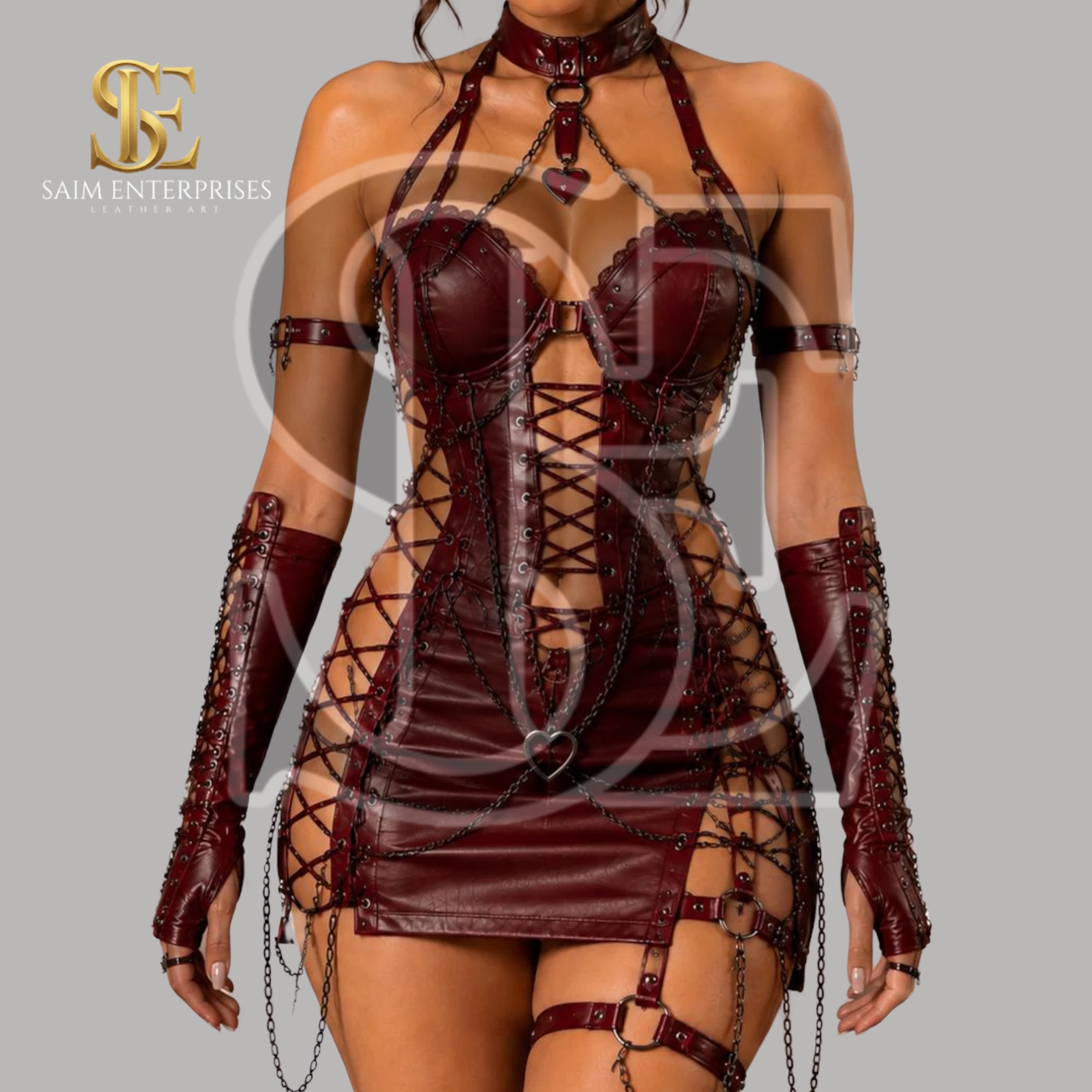 Burgundy Leather BDSM Mini Dress Set with Gloves