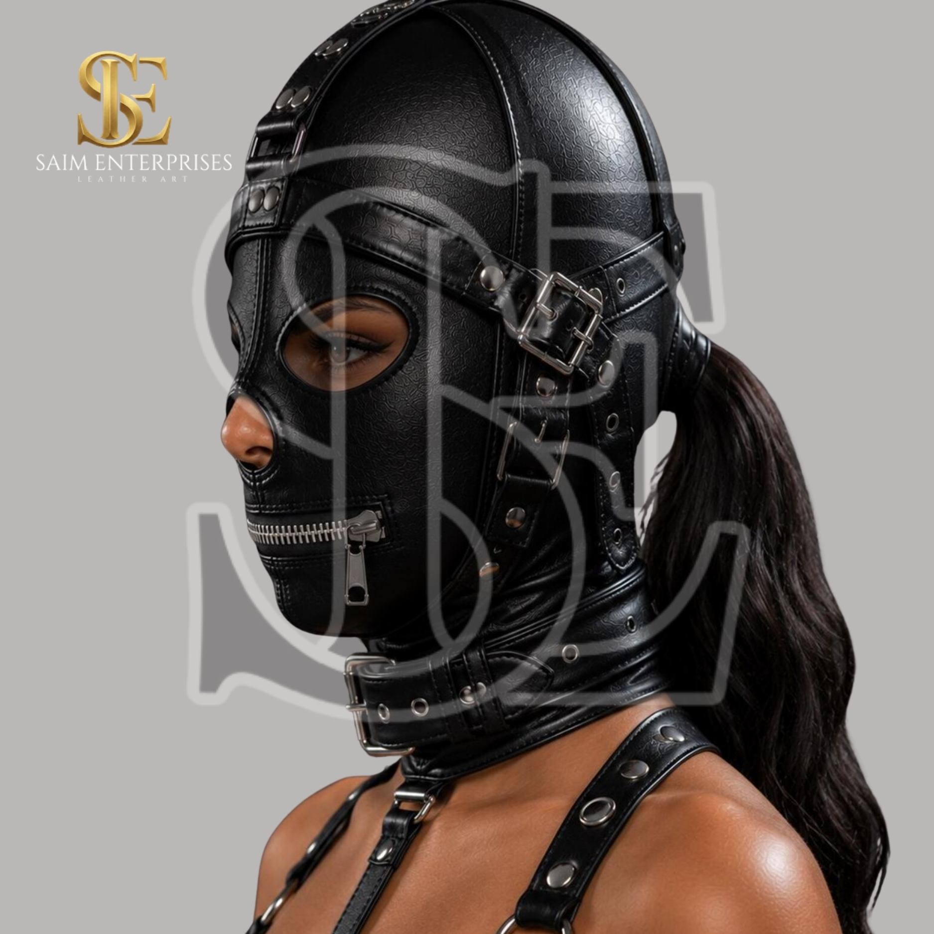 Black Handmade Leather BDSM Cosplay Halloween Costume Mask - Image 2