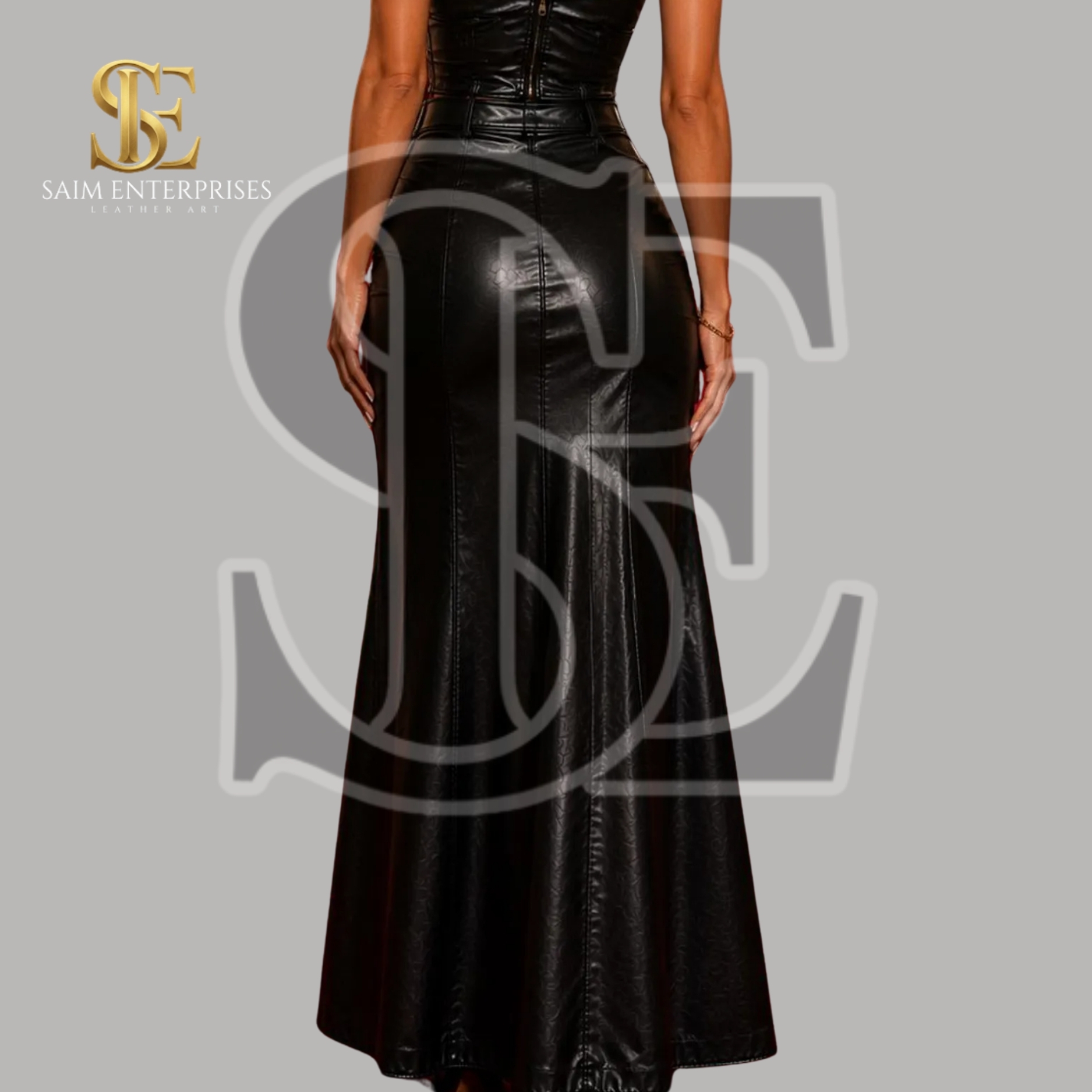 Black Handmade Leather Front Slit Gothic Skirt - Image 6