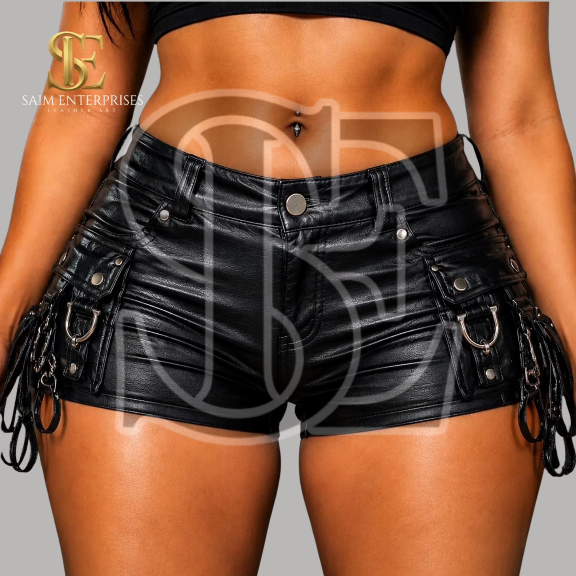 Women's Black Leather Mini Sexy Shorts with chains