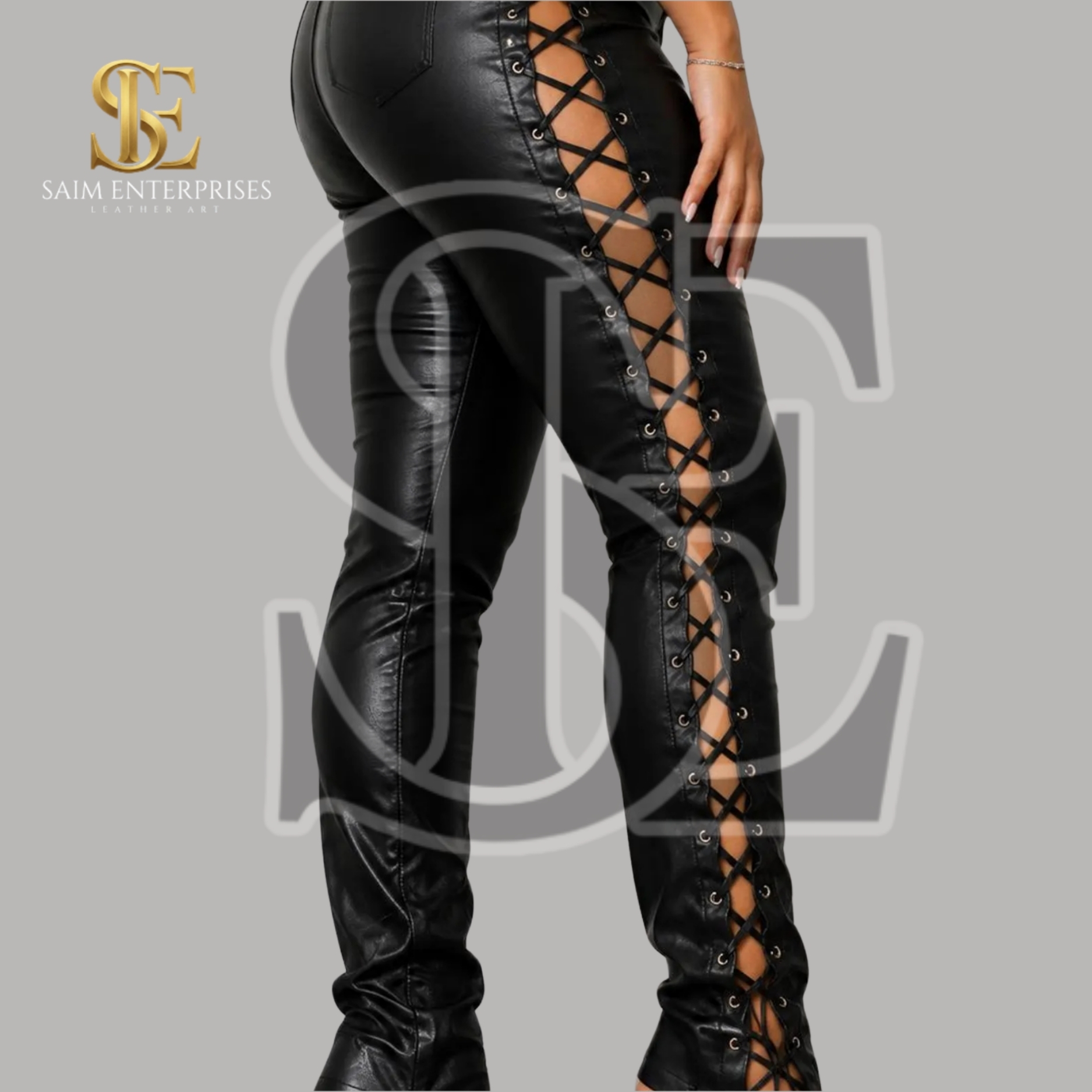 Women's Genuine Leather High Waist Skinny Trousers - Image 2