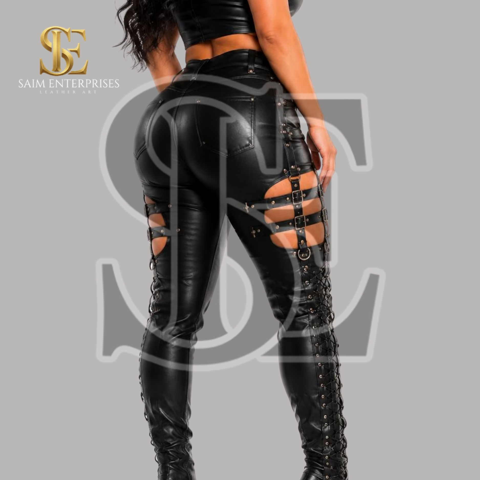 Black Leather Cut Out Sexy Lace-Up High Waist Pants - Image 4