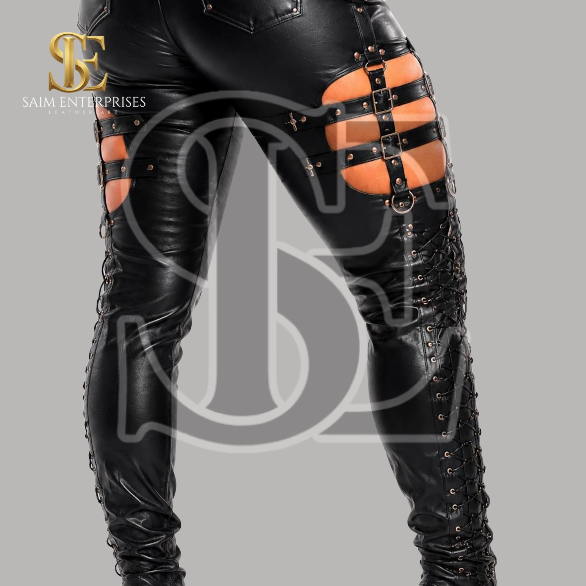 Black Leather Cut Out Sexy Lace-Up High Waist Pants - Image 2