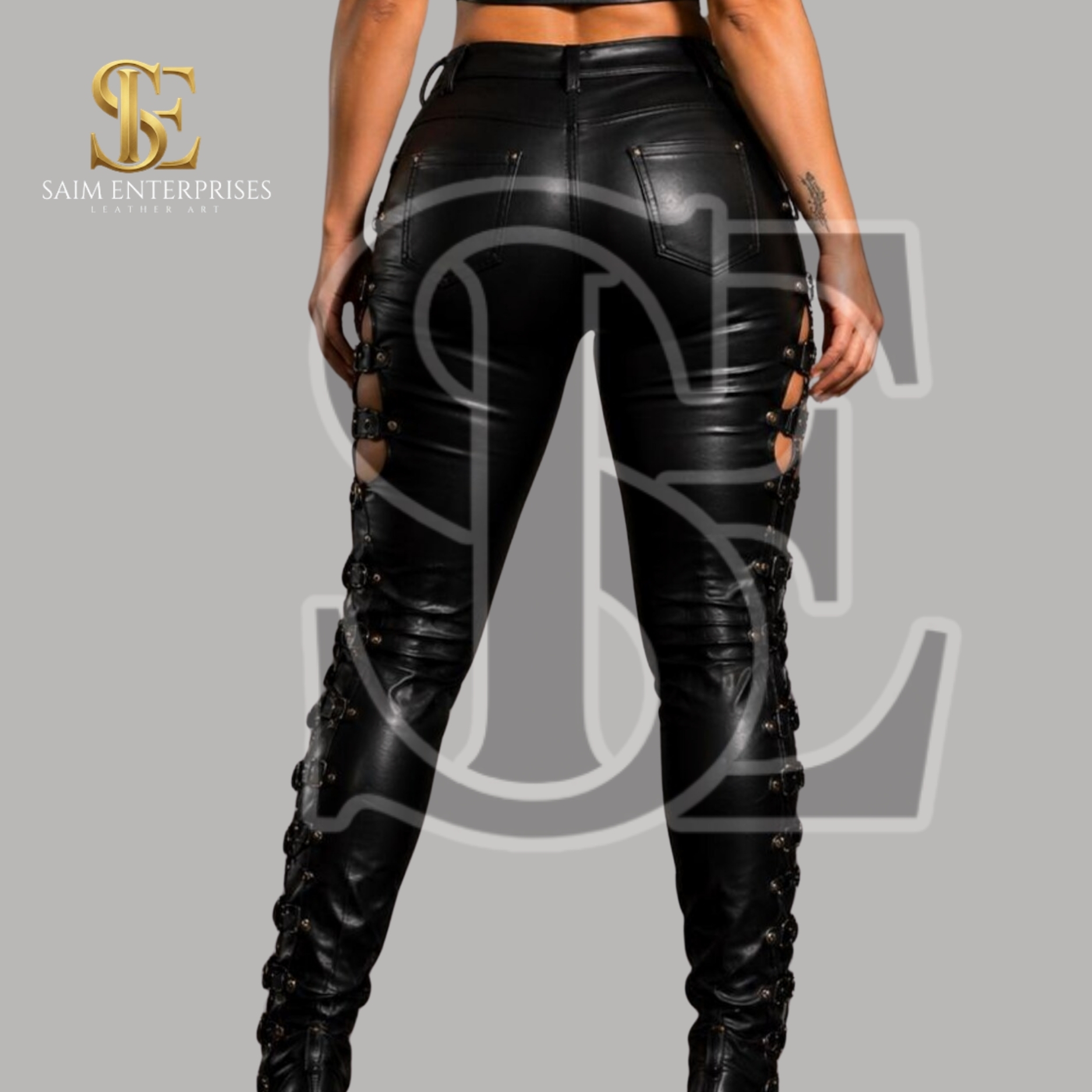 Black Leather Cut Out Sexy Lace-Up High Waist Pants - Image 6