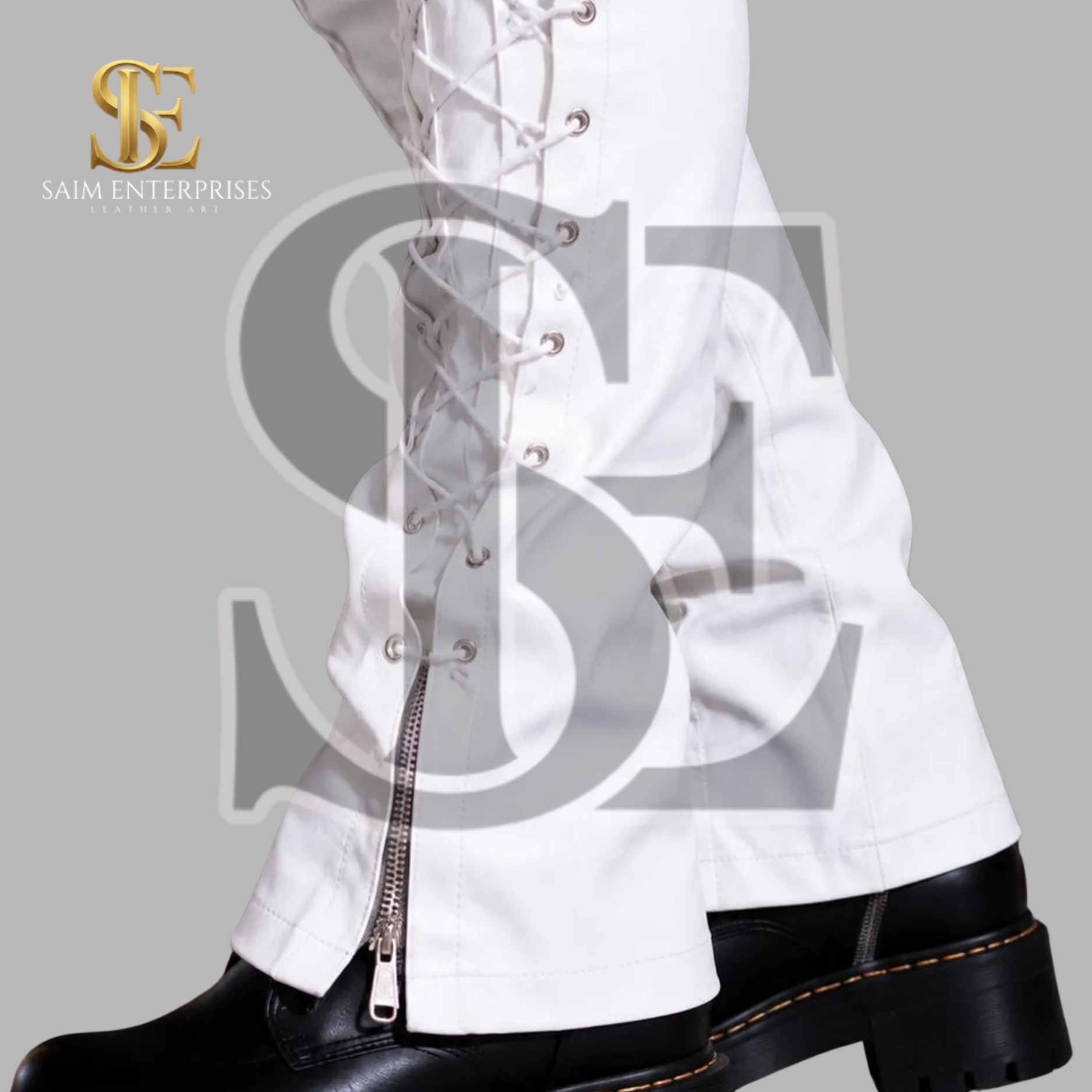 Women's White Lace-Up Side Sexy Leather Trousers - Image 7
