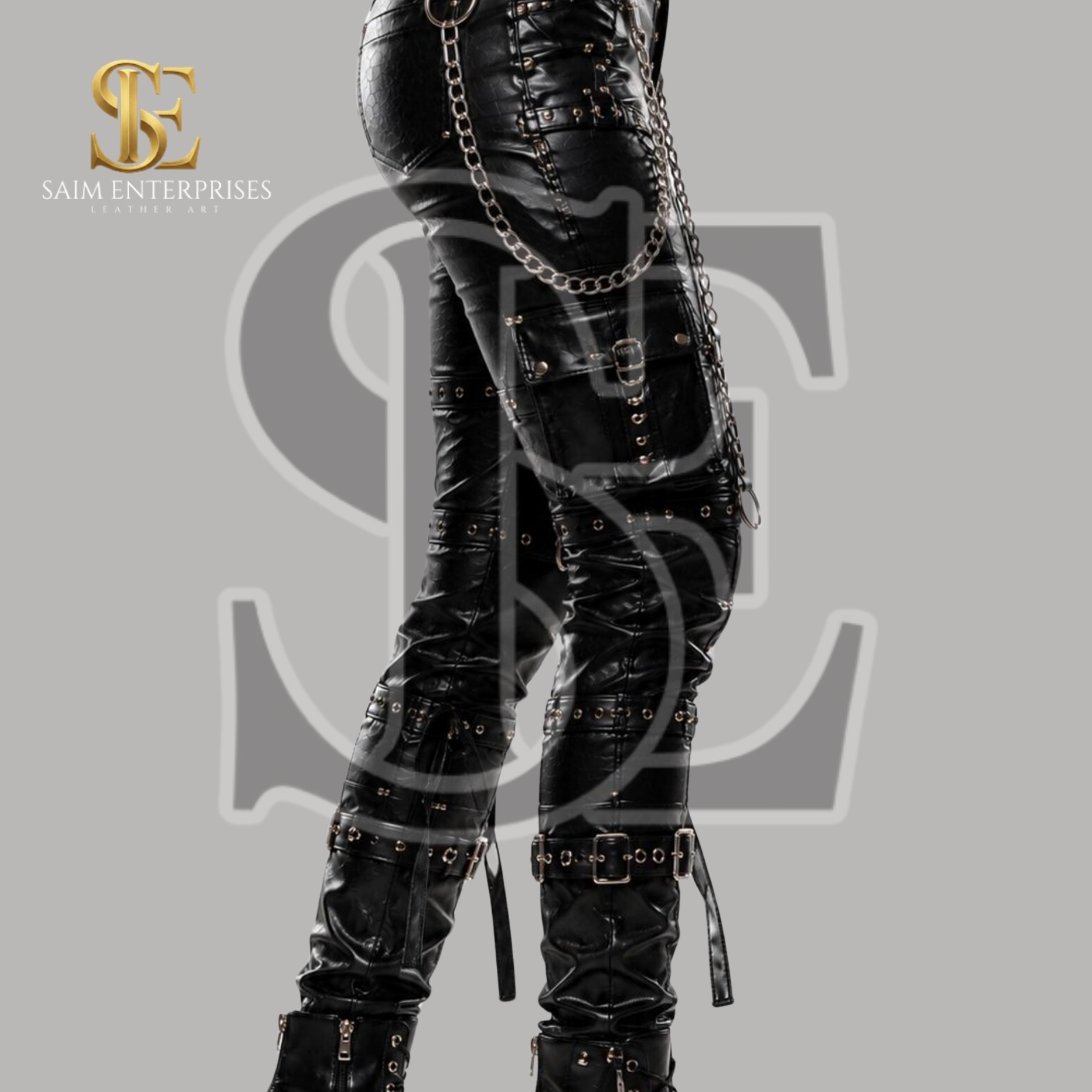 Women's Black Genuine Leather Gothic Punk Chain Biker trousers - Image 5