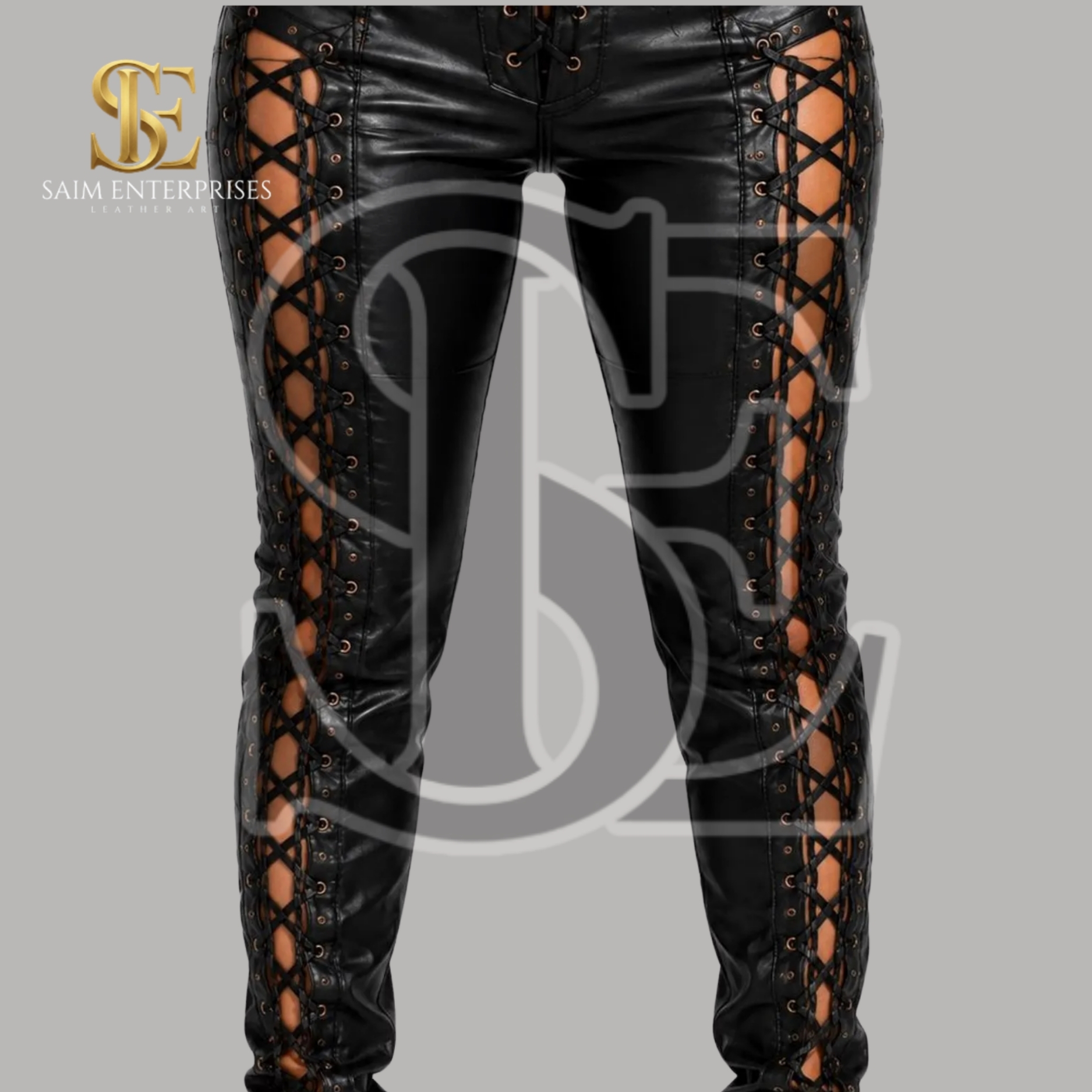 Women's Genuine Leather Gothic Punk Cut Out Trousers