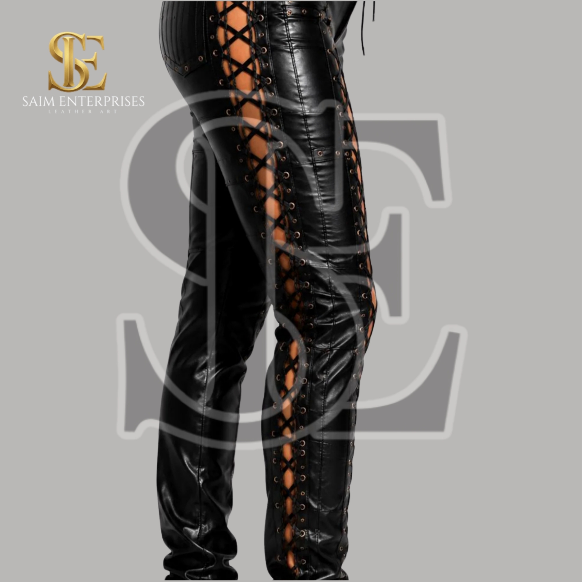 Women's Genuine Leather Gothic Punk Cut Out Trousers - Image 6