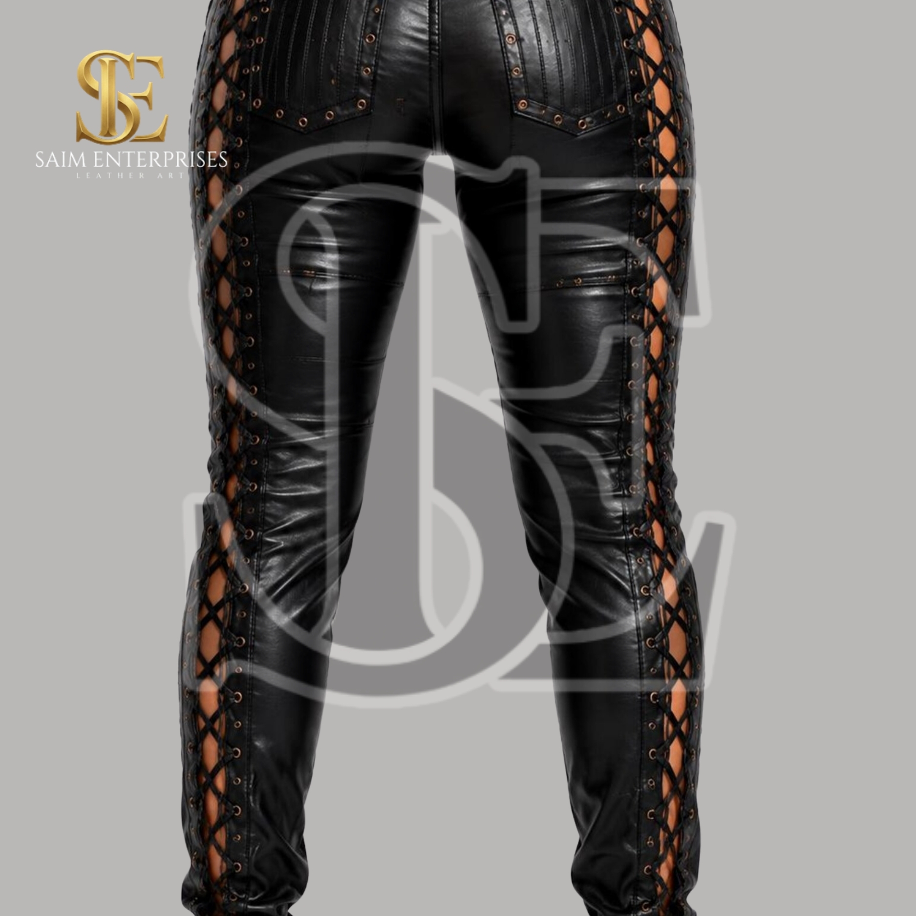 Women's Genuine Leather Gothic Punk Cut Out Trousers - Image 4
