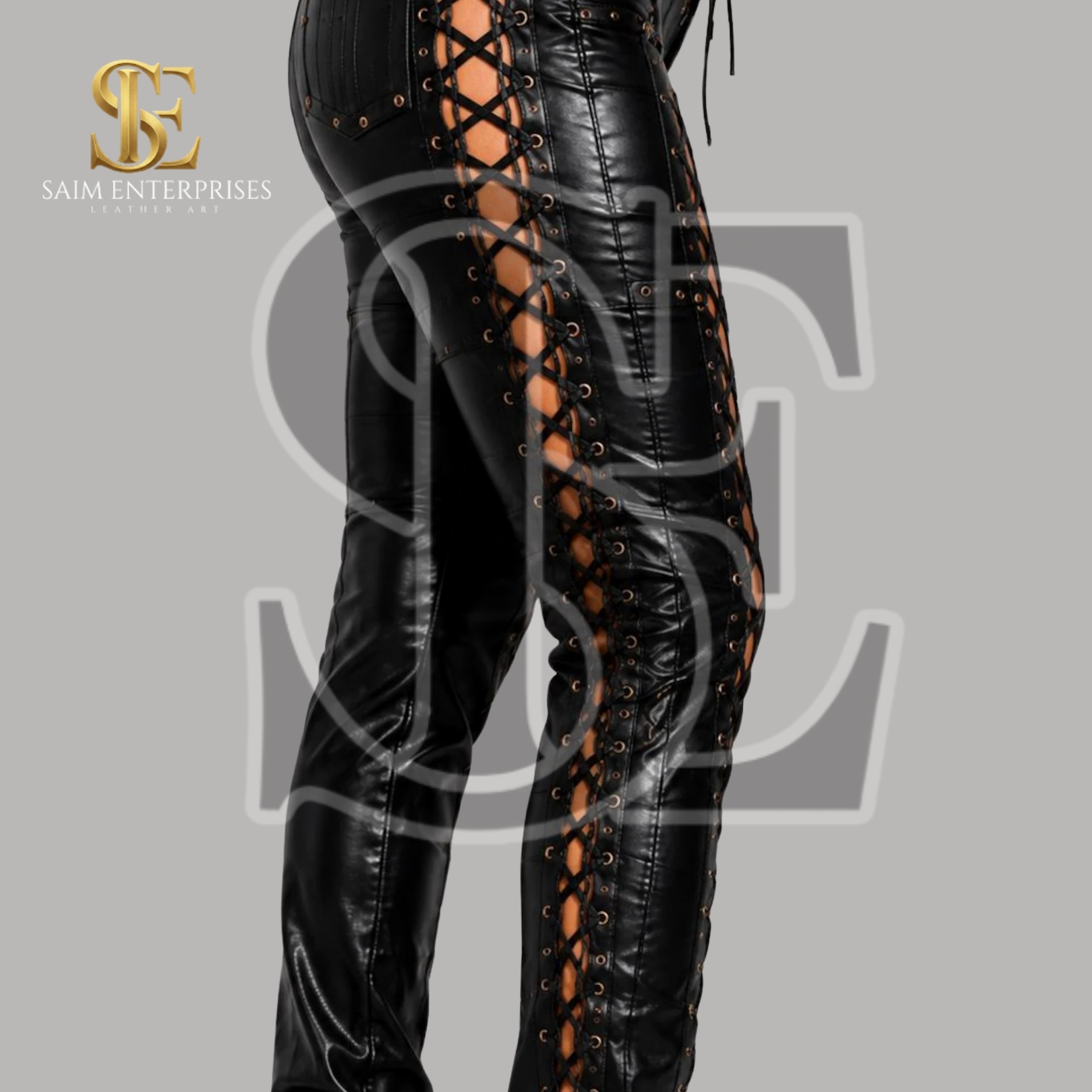 Women's Genuine Leather Gothic Punk Cut Out Trousers - Image 2