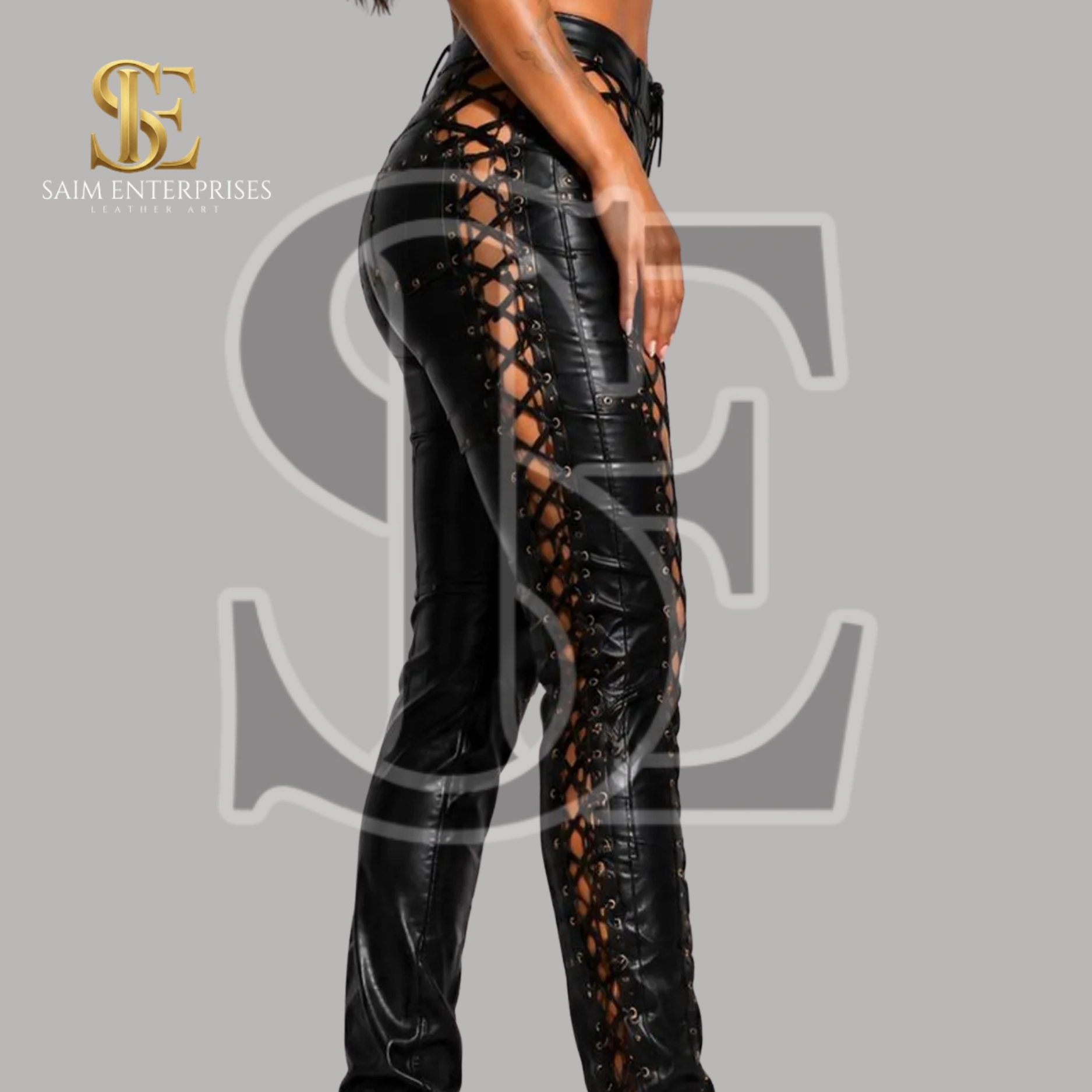 Women's Genuine Leather Gothic Punk Cut Out Trousers - Image 7