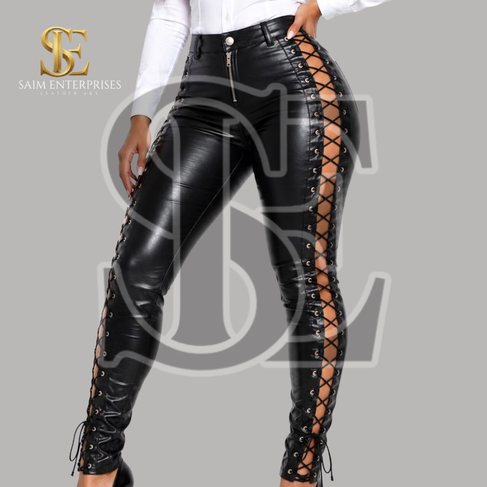Black Genuine Sheep Leather Lace-Up Pants for Women - Image 2