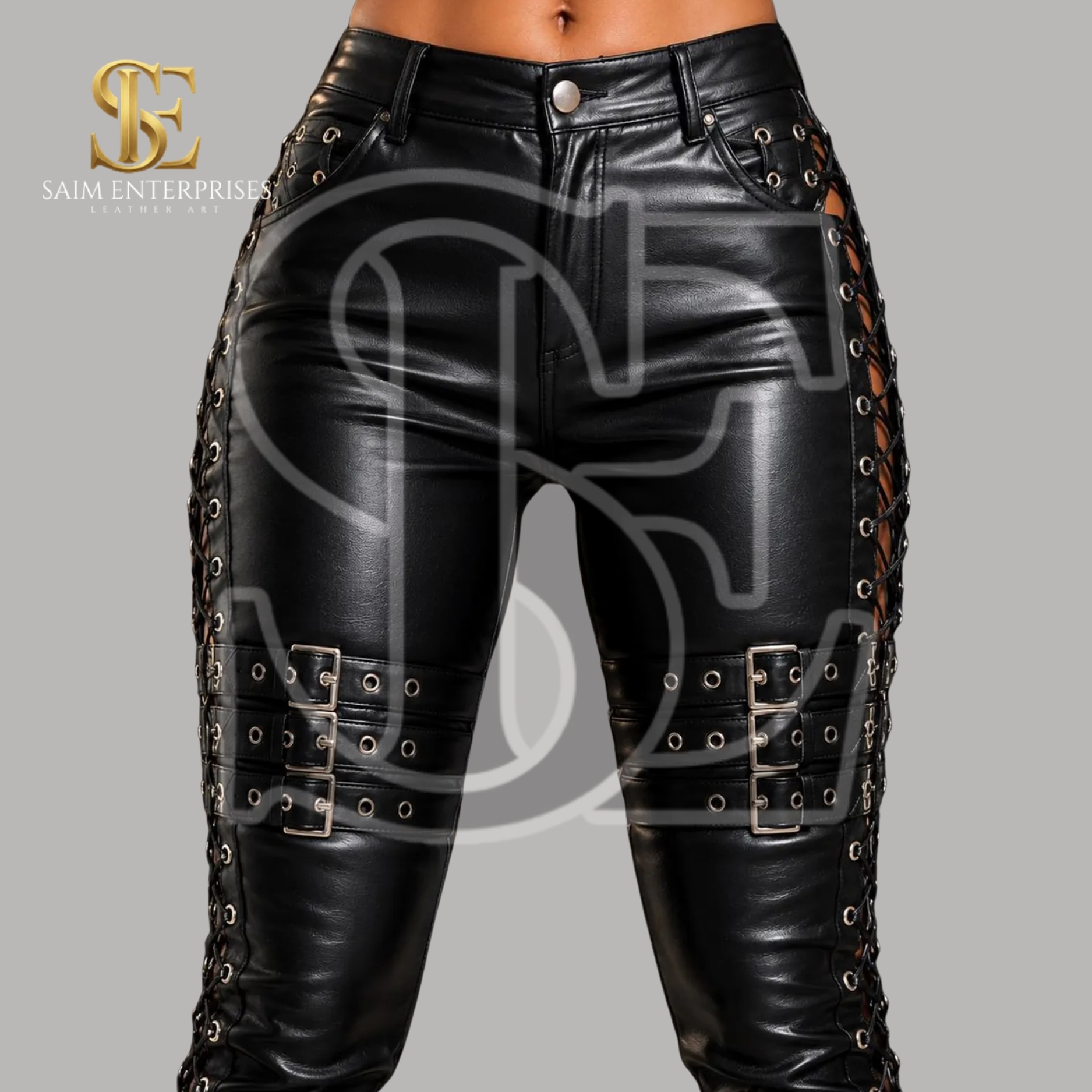 Women's Handmade Leather Lace Up Skinny Pants - Image 6