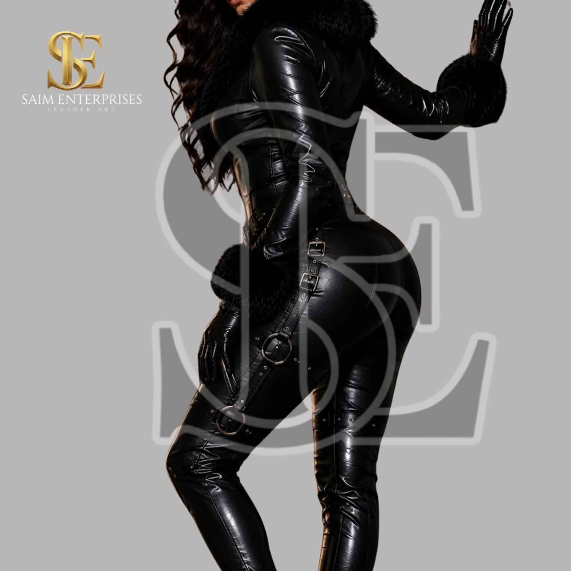 Black Leather Fur Trim BDSM Leather Bondage Jumpsuit - Image 3