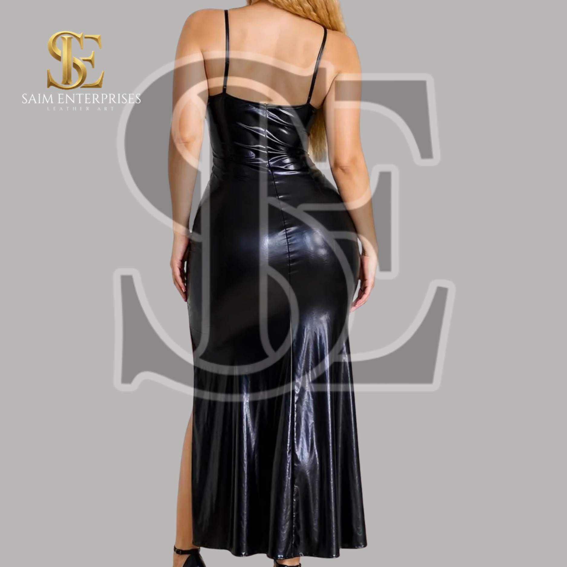 Black Cow Leather Bodycon Maxi Dress | BDSM Bondage Inspired Gown - Image 3