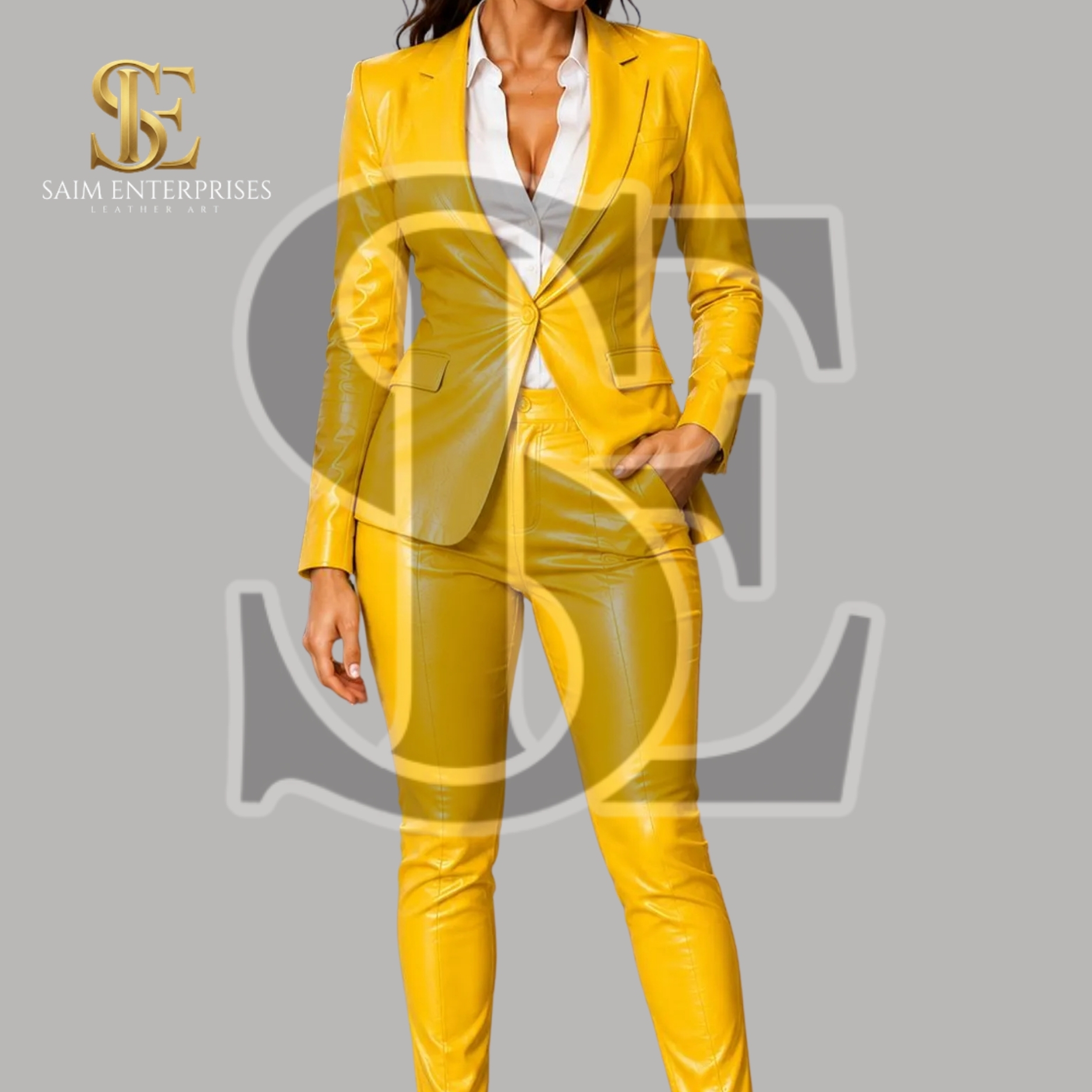Handmade Genuine Yellow Leather Blazer Pants Set for Women