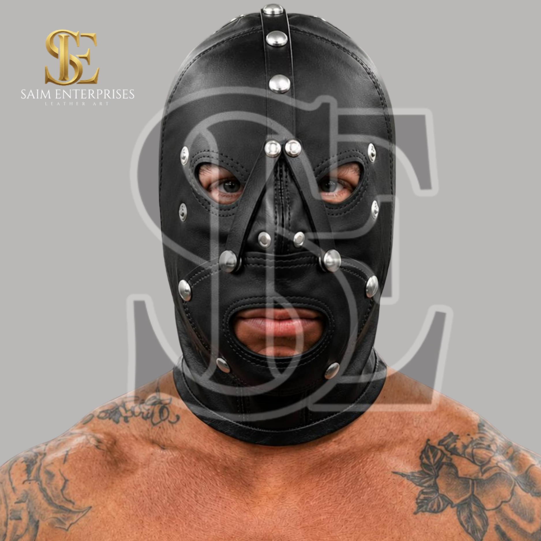 Handmade Black Leather BDSM Full Face Bondage Hood - Image 2
