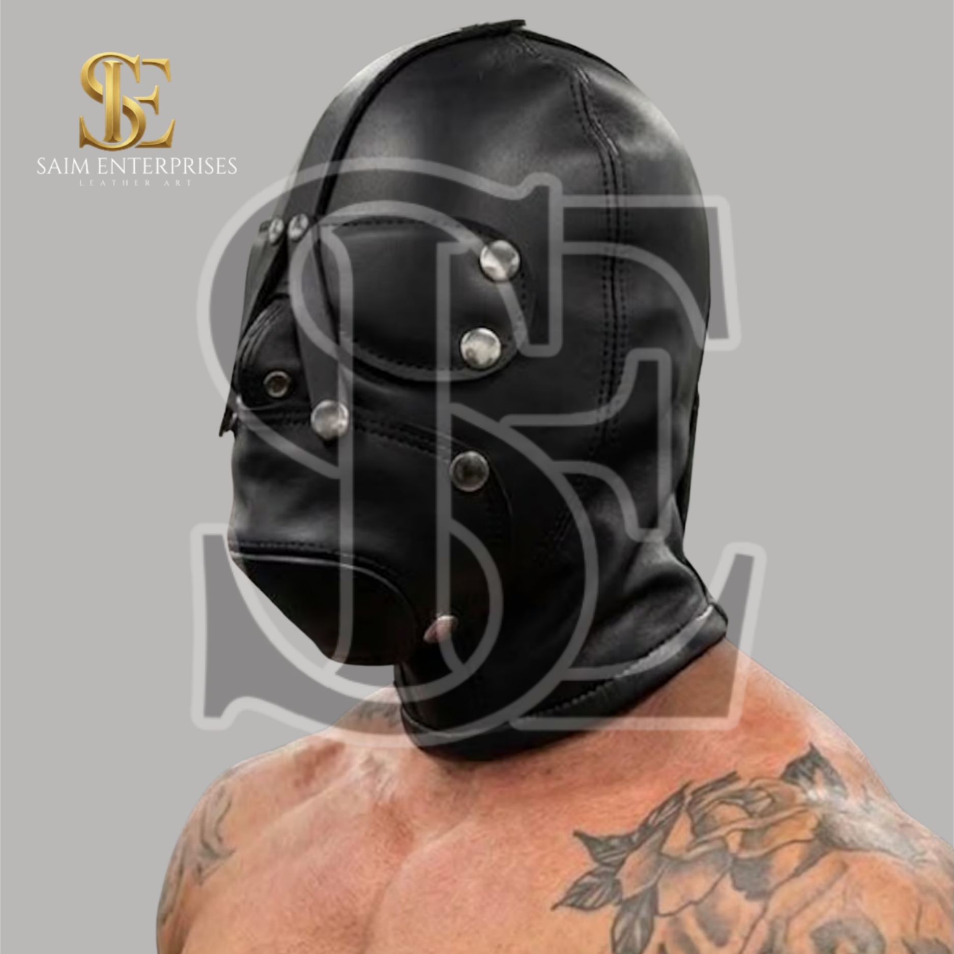 Handmade Black Leather BDSM Full Face Bondage Hood - Image 3