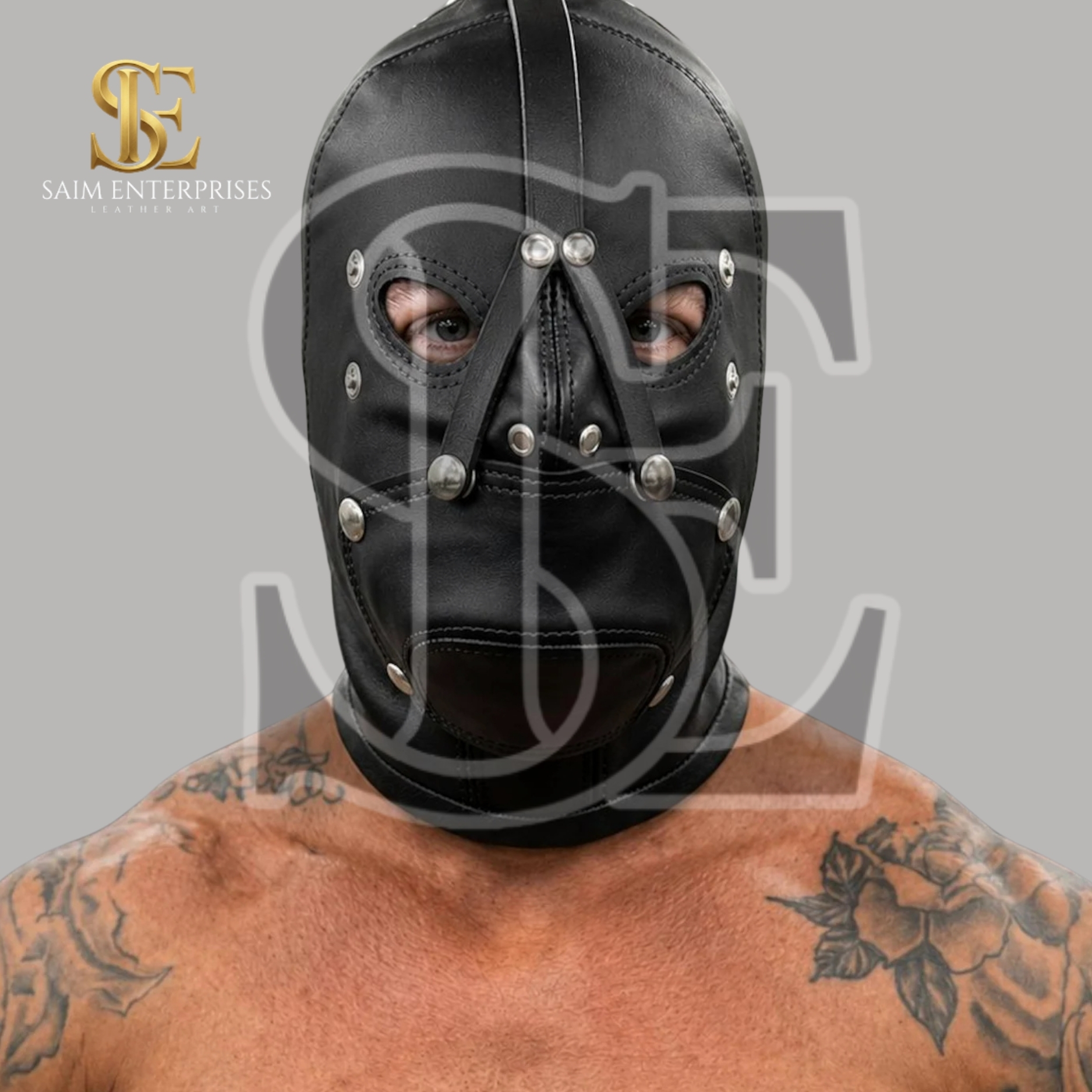 Handmade Black Leather BDSM Full Face Bondage Hood - Image 4