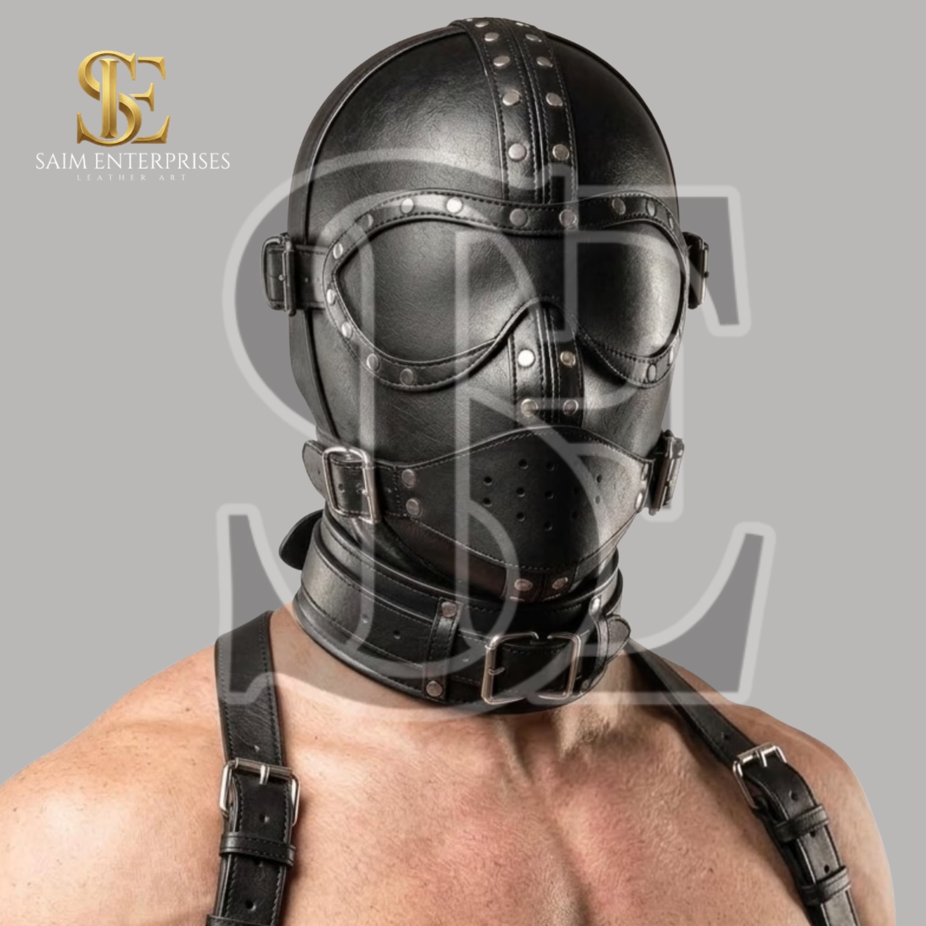 Custom Leather BDSM Studded Gothic Zipper Bondage Hood