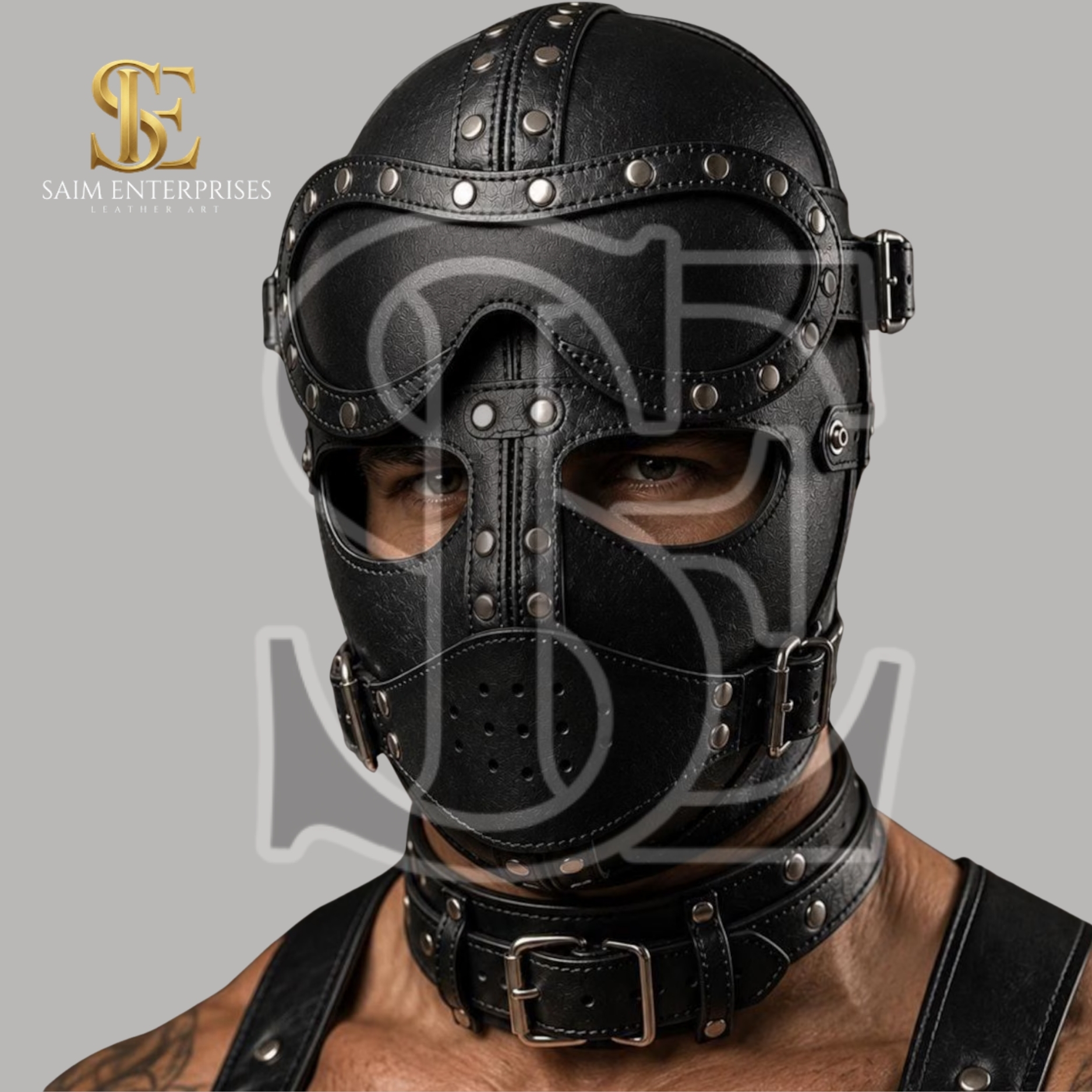 Custom Leather BDSM Studded Gothic Zipper Bondage Hood - Image 2
