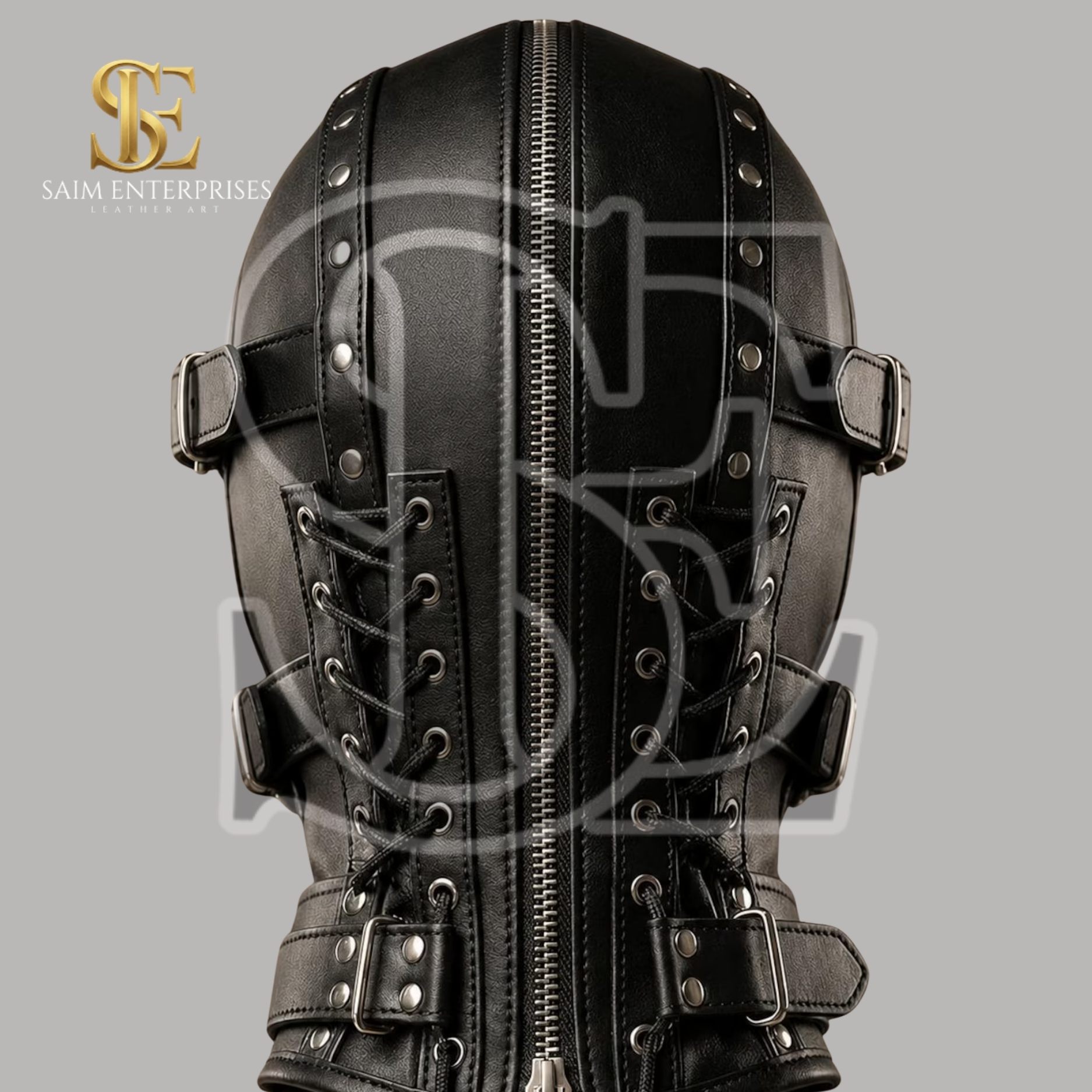Custom Leather BDSM Studded Gothic Zipper Bondage Hood - Image 3