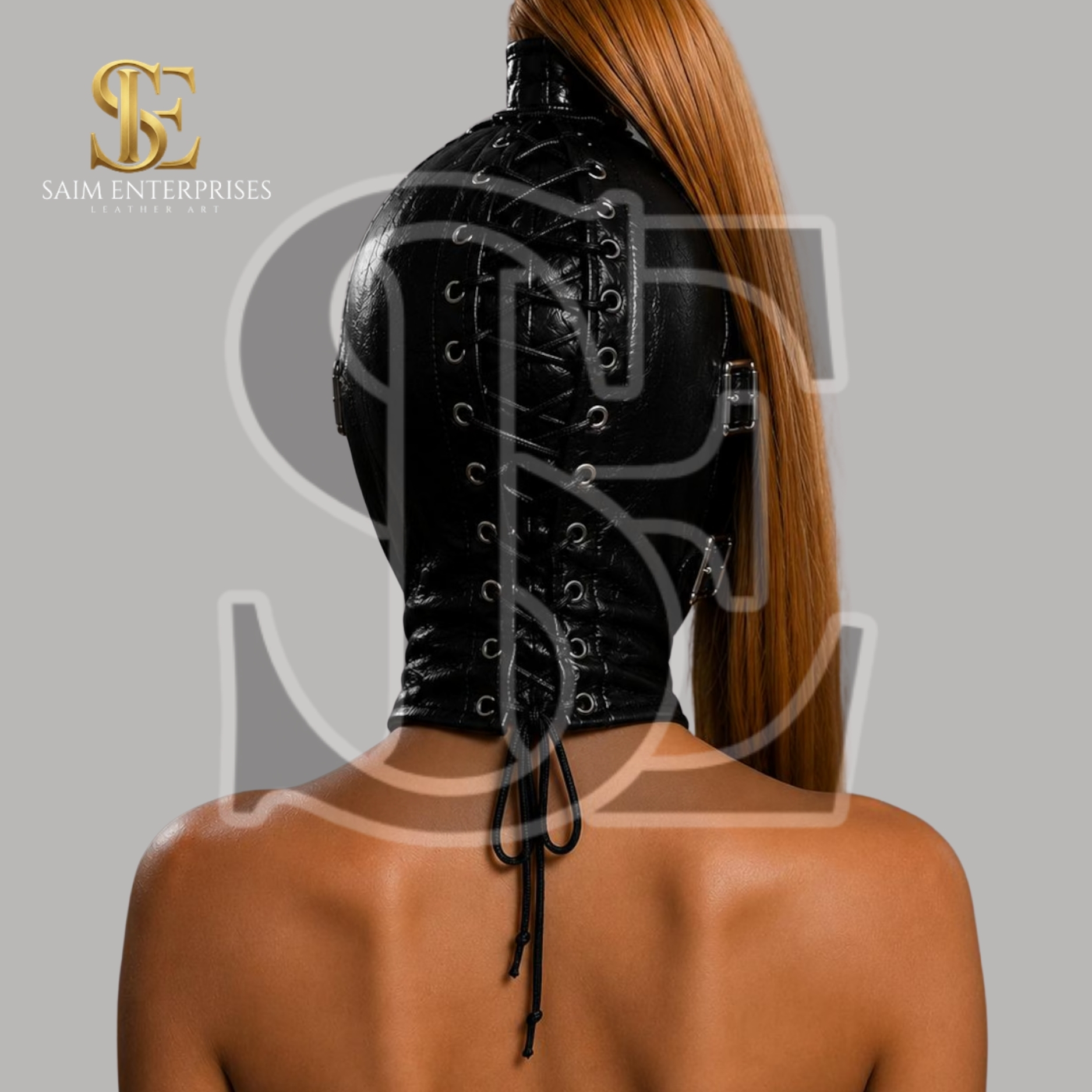 Black Leather Ponytail BDSM Bondage Hood Mask - Image 4