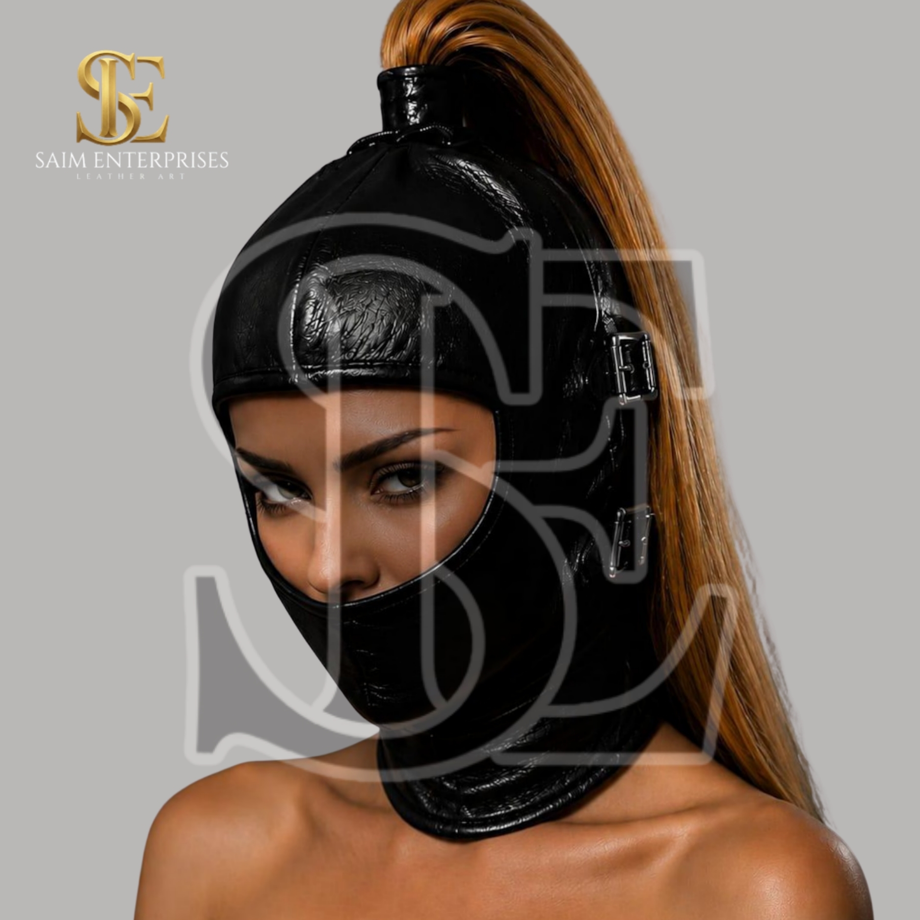 Black Leather Ponytail BDSM Bondage Hood Mask - Image 3