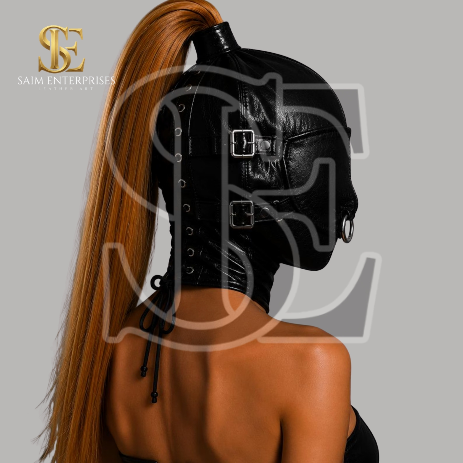 Black Leather Ponytail BDSM Bondage Hood Mask - Image 6