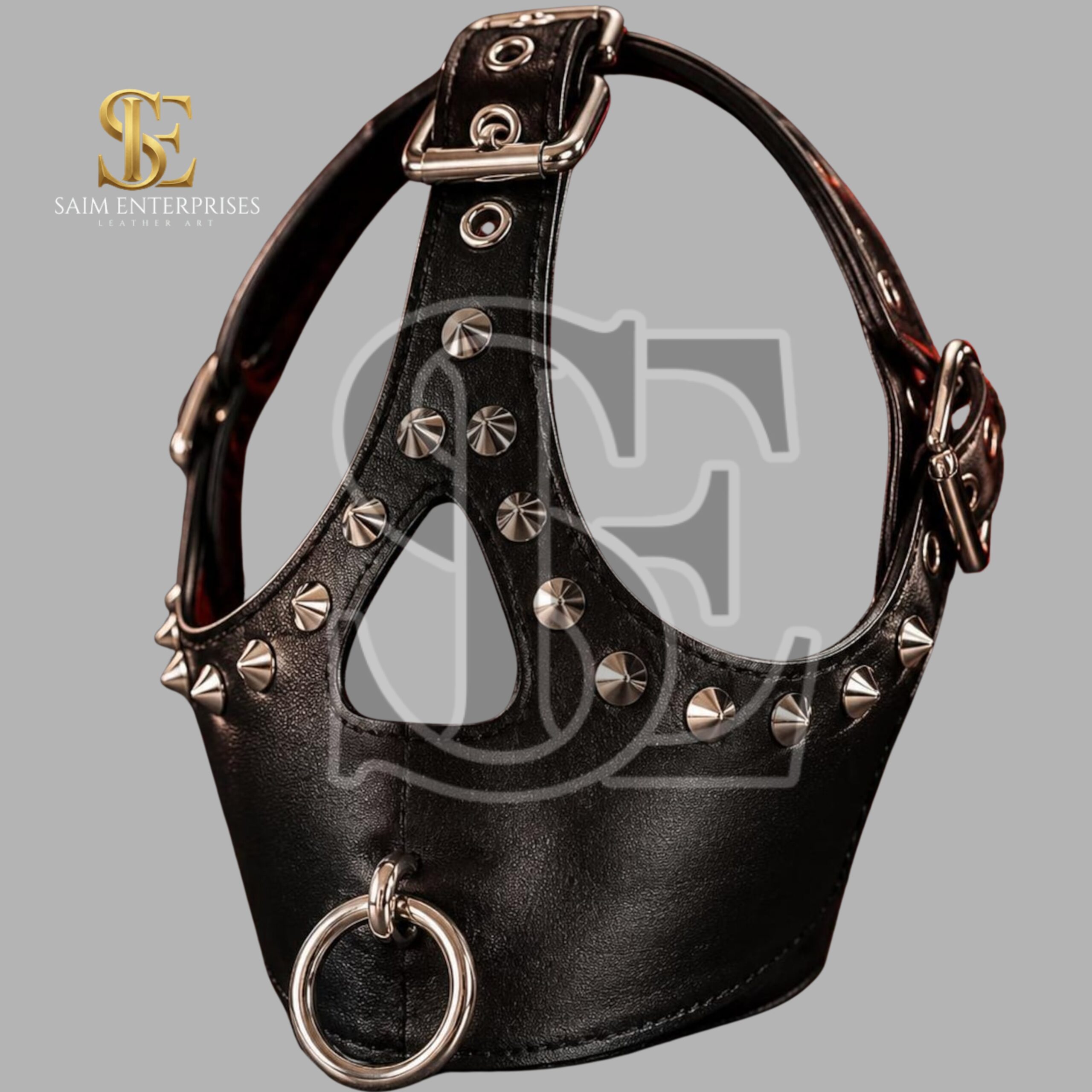 Black Leather BDSM Studded O-Ring Gag Bondage Hood - Image 4
