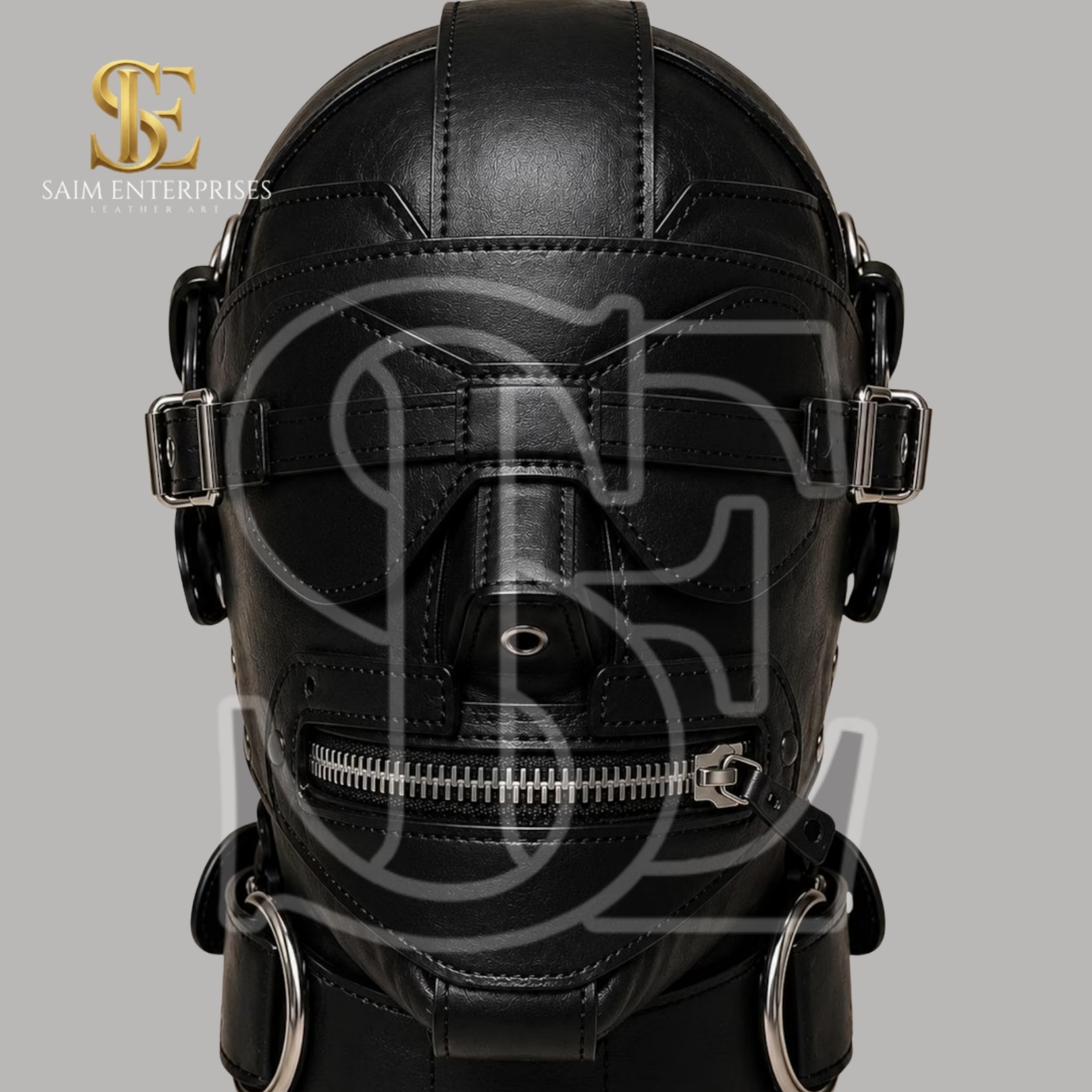 Black Leather BDSM Studded Gothic Bondage Hood - Image 3