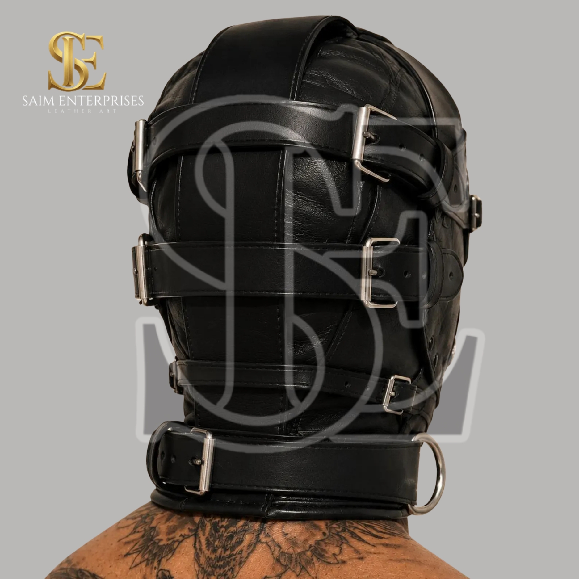 Black Leather BDSM Studded Gothic Bondage Hood - Image 4
